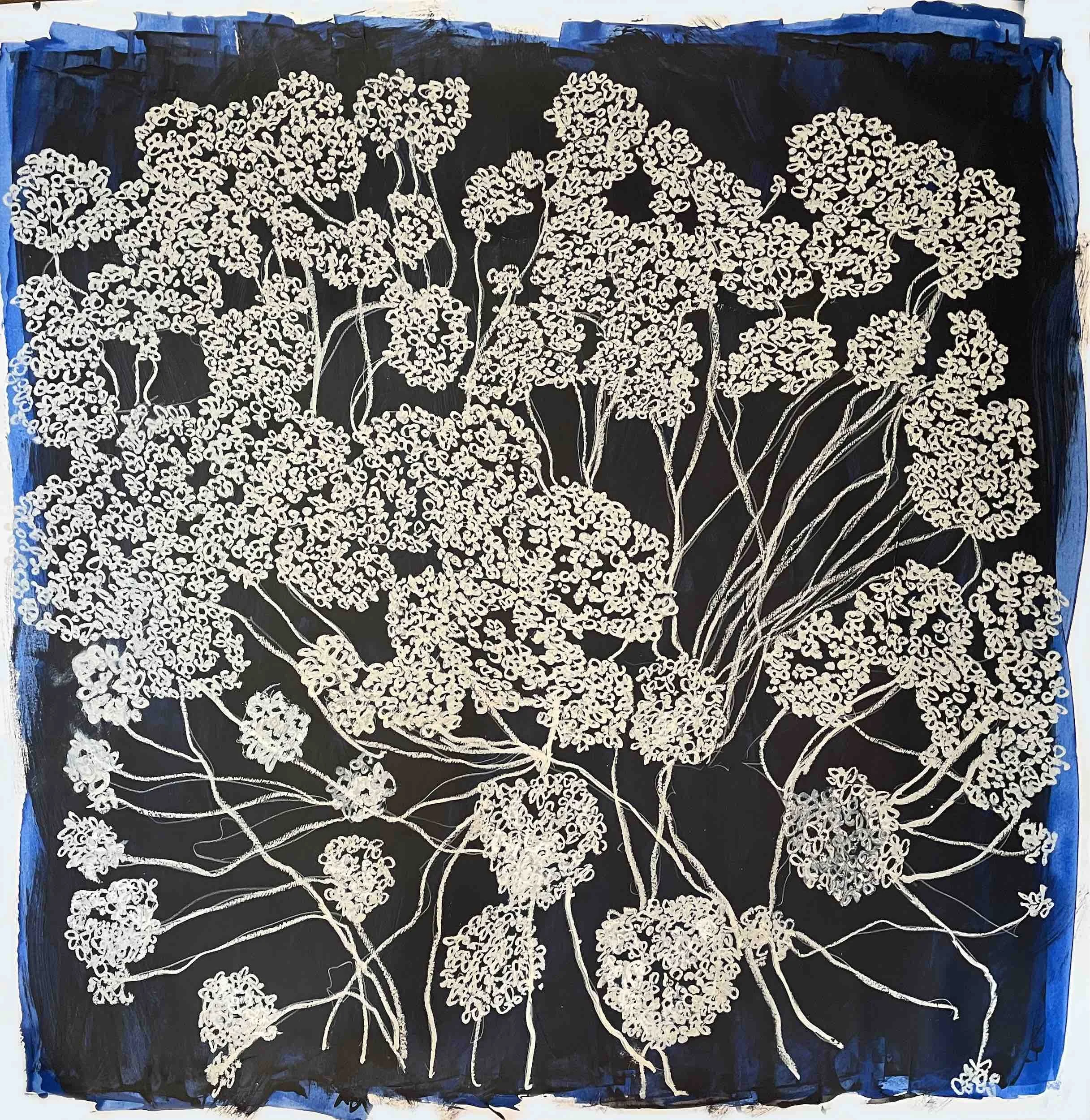White outline of multiple clusters of flowers with long stems on a black background.