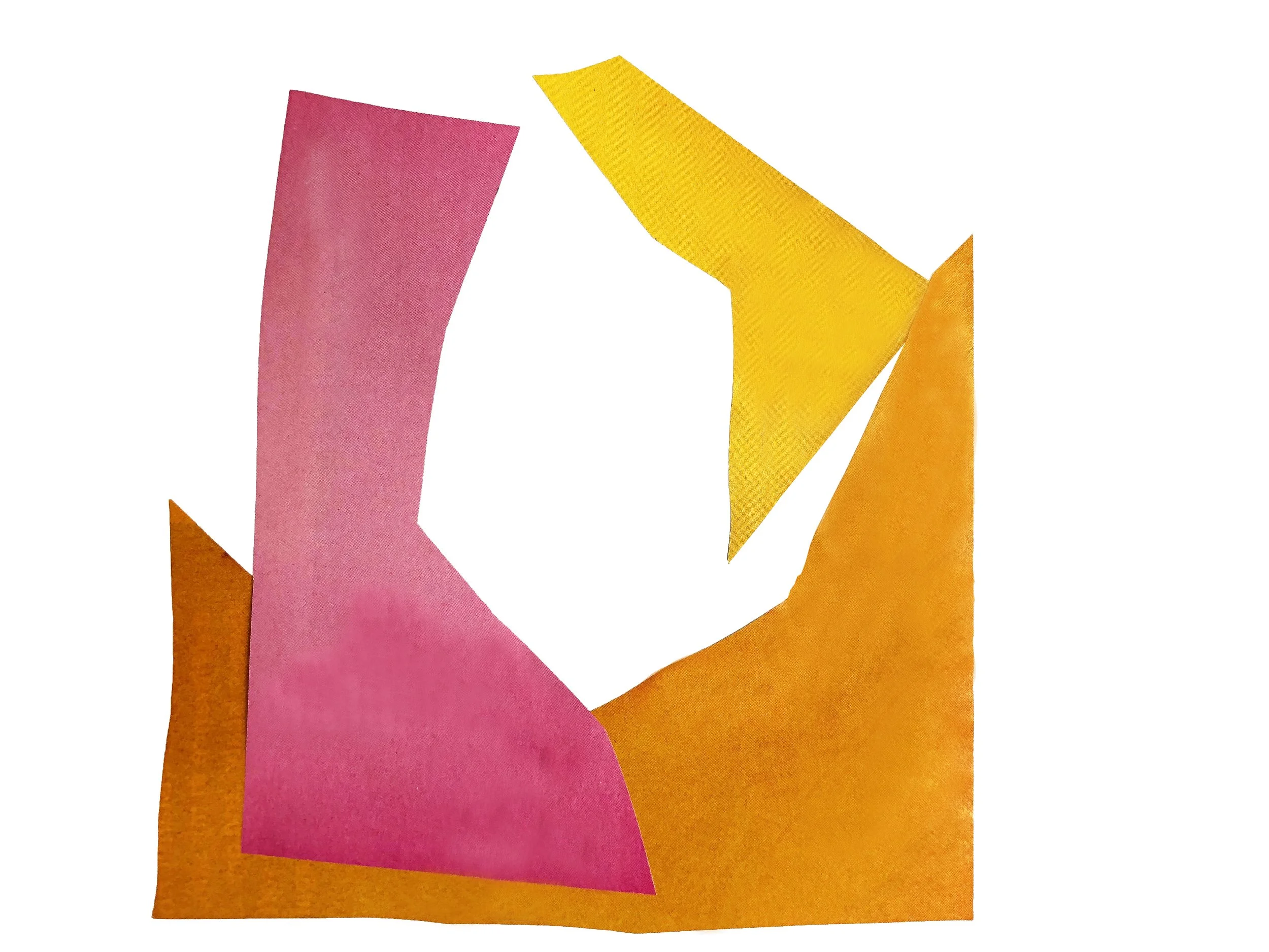 Abstract artwork with colored shapes in pink, orange and yellow.