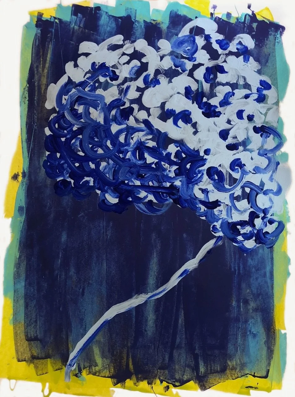 An abstract painting of a cluster of blue and white cloud-like shapes on a dark background, with a yellow border.