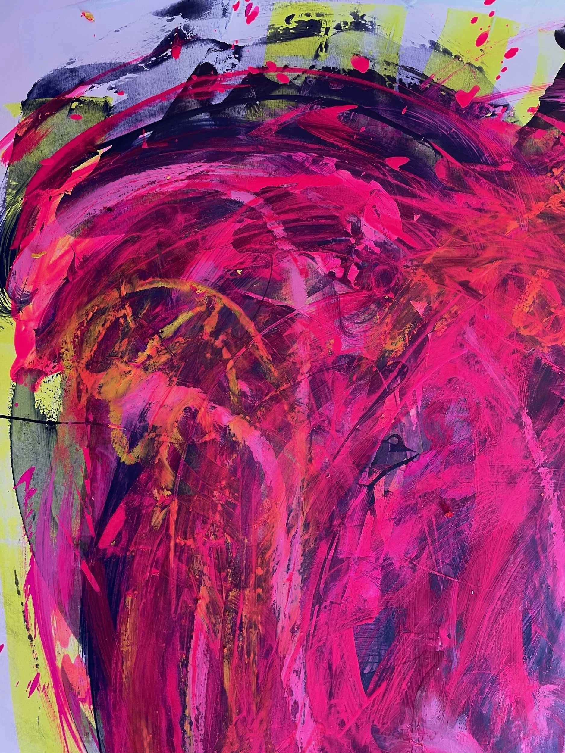 Abstract painting with vibrant pink, black, yellow, and purple brushstrokes, splashes, and swirls.