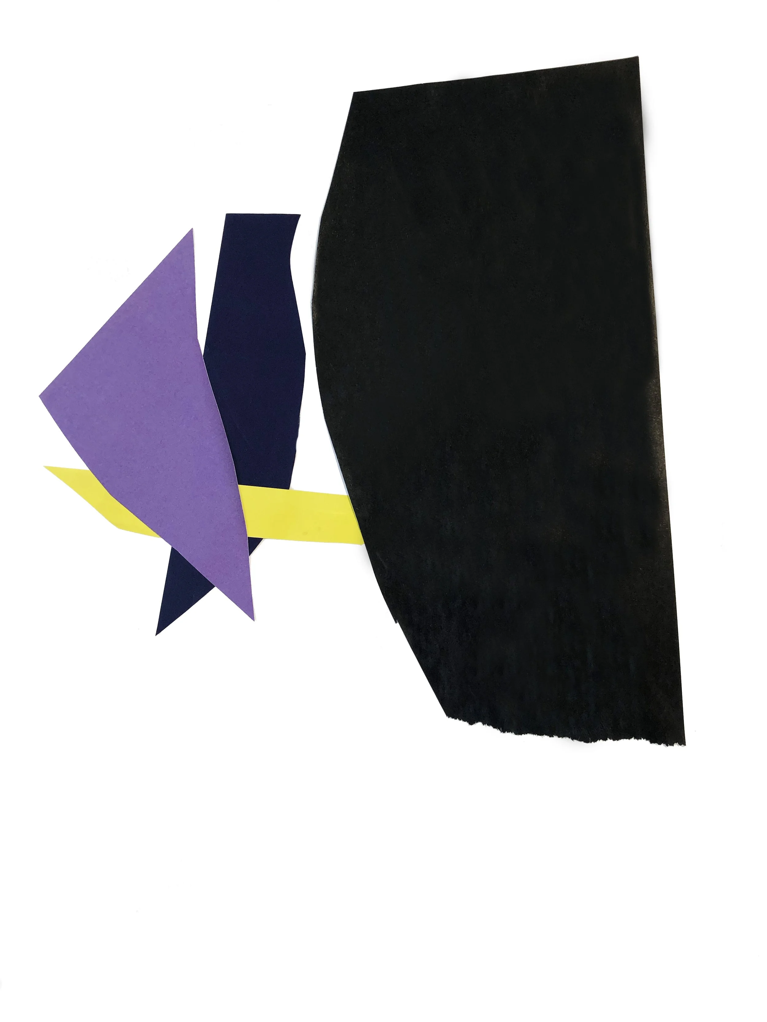 Abstract artwork with colored shapes in black purple and yellow.