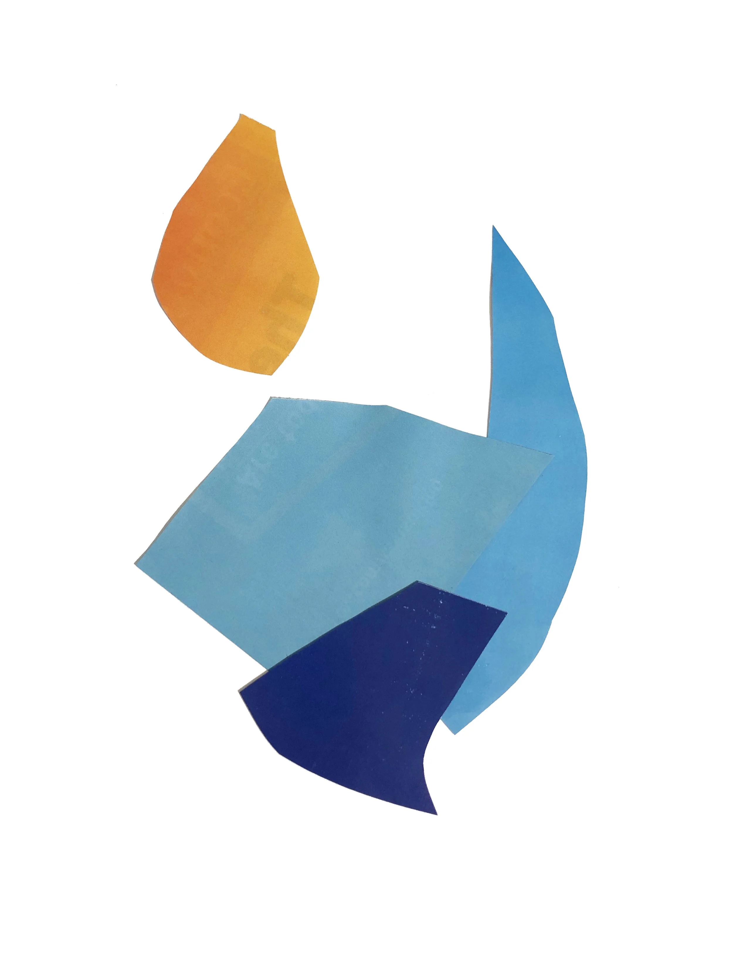 Abstract artwork with colored shapes in blue, orange.