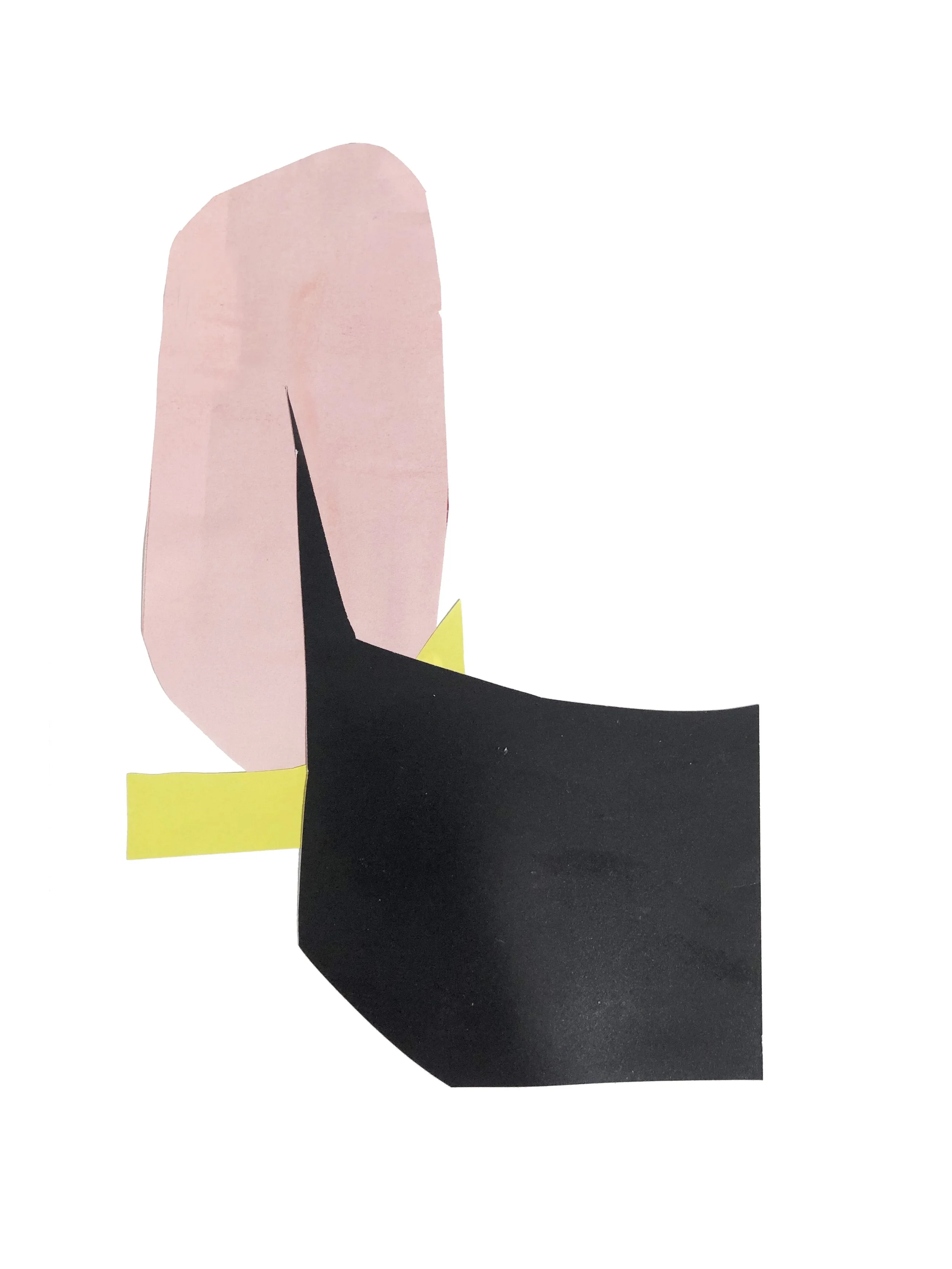 Abstract artwork with colored shapes in pink, black and yellow.