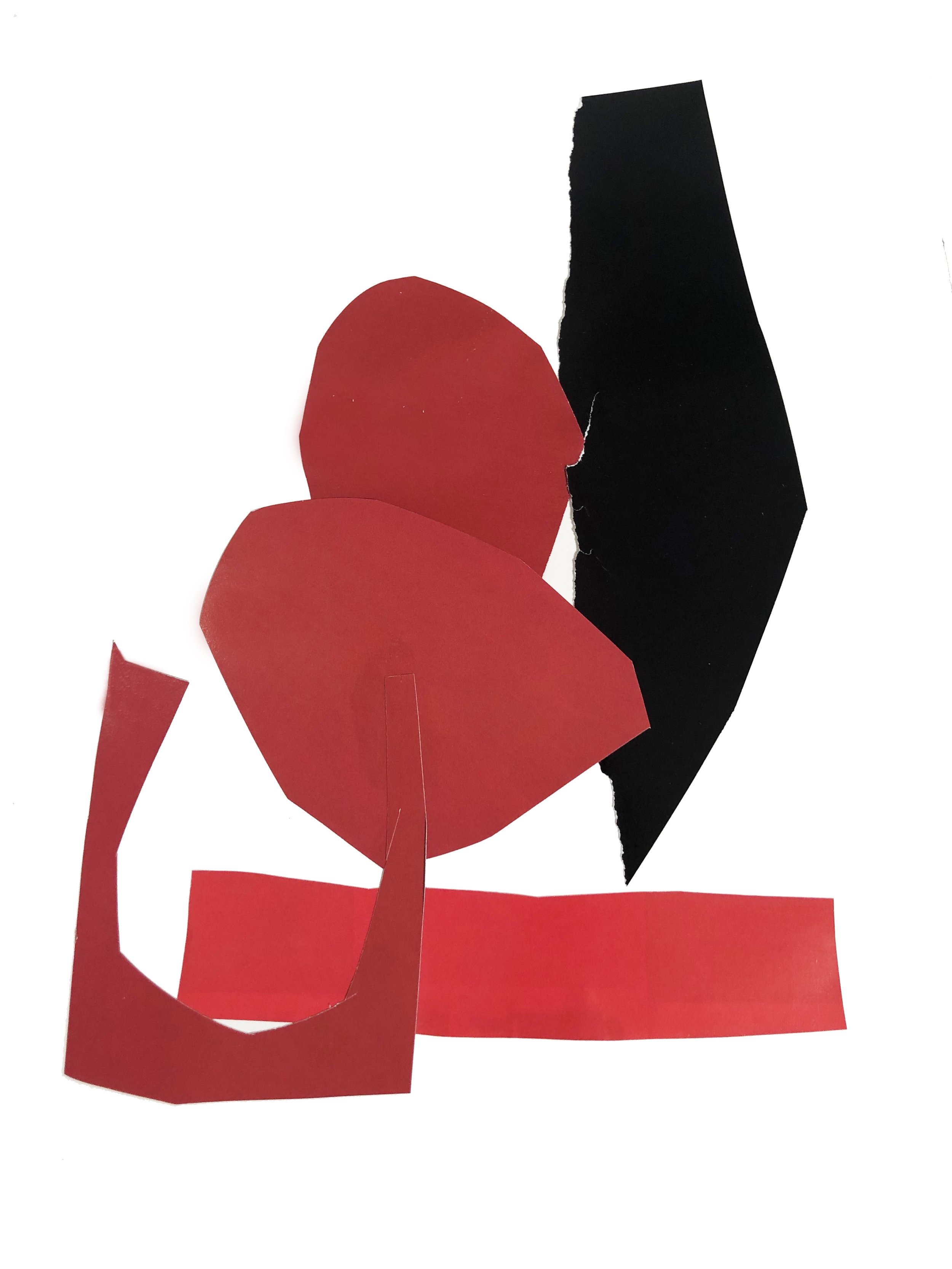 Abstract artwork with colored shapes in red and black.