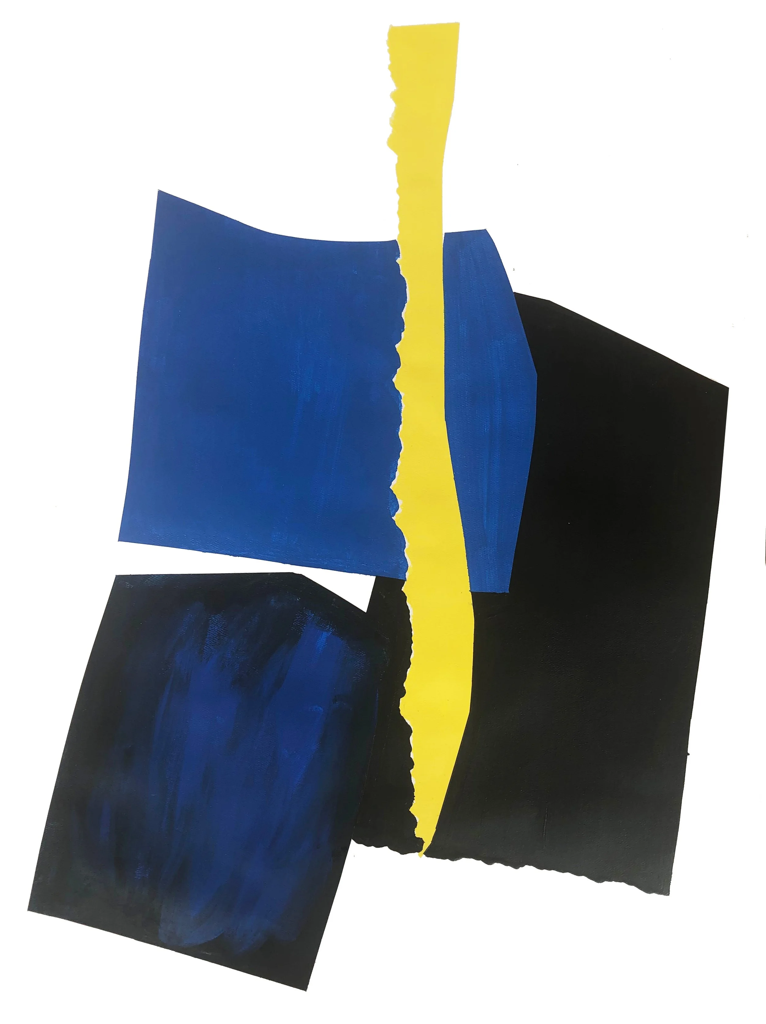 Abstract artwork featuring torn paper pieces in blue, black, and yellow colors.