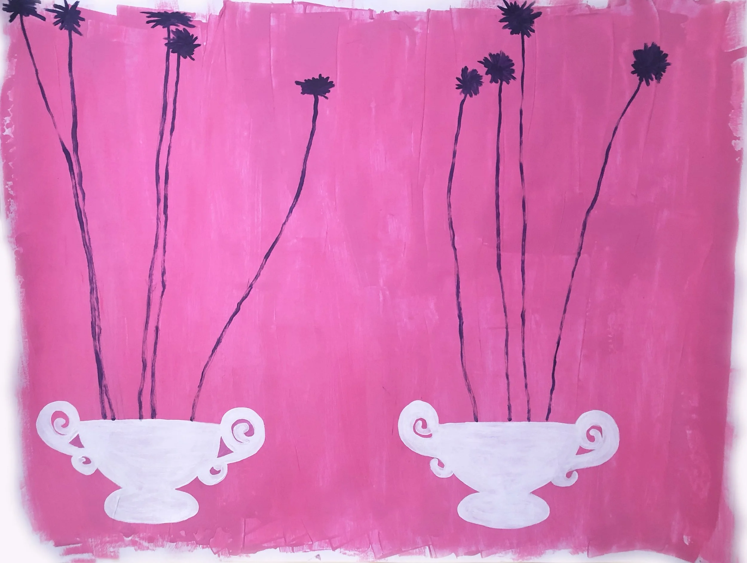 Pink background with two white urns, each containing tall, slender black flowers with small black heads.
