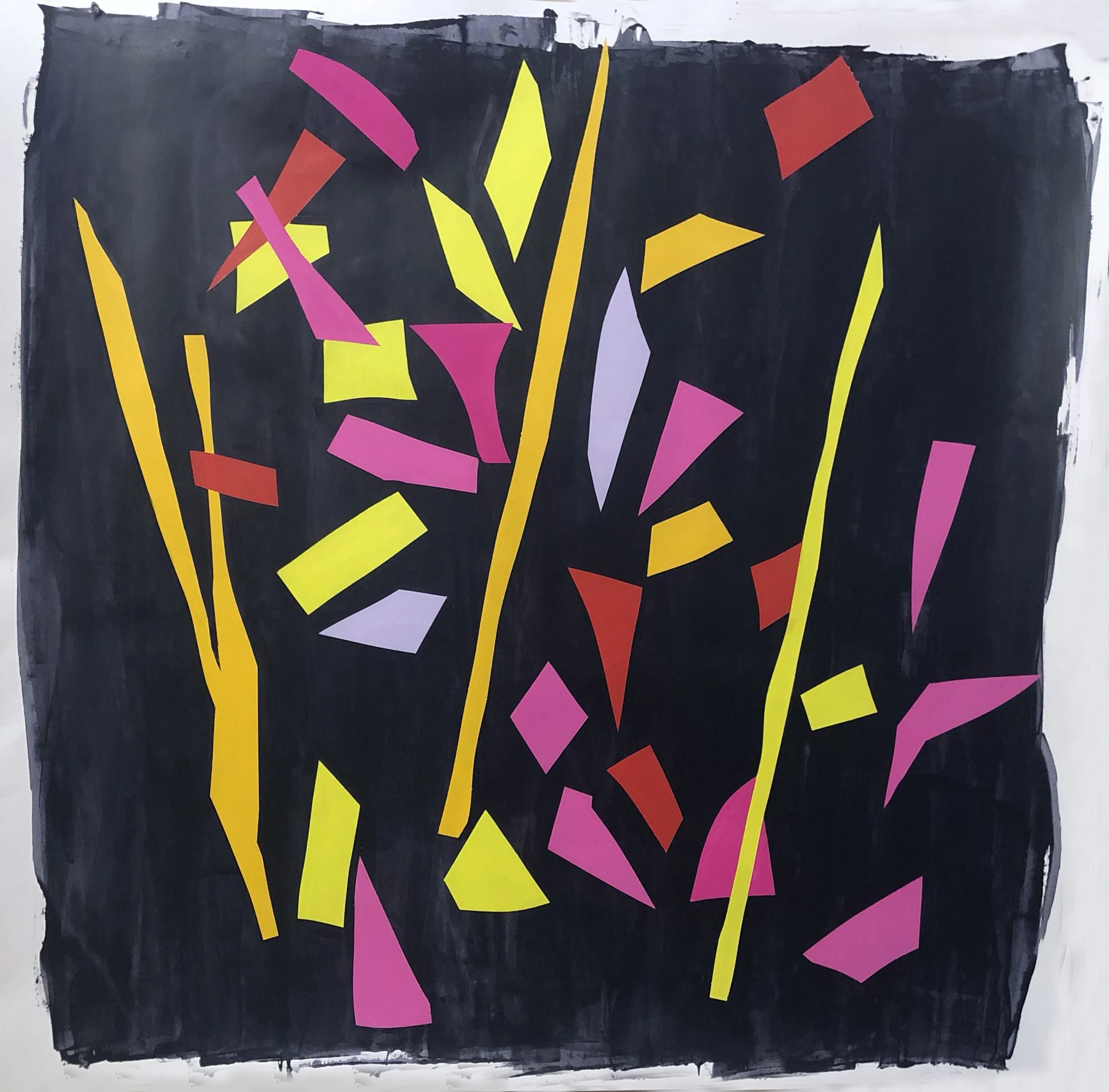 Abstract artwork with a black background, featuring yellow, pink, red, and light purple geometric shapes and lines arranged in a dynamic composition.
