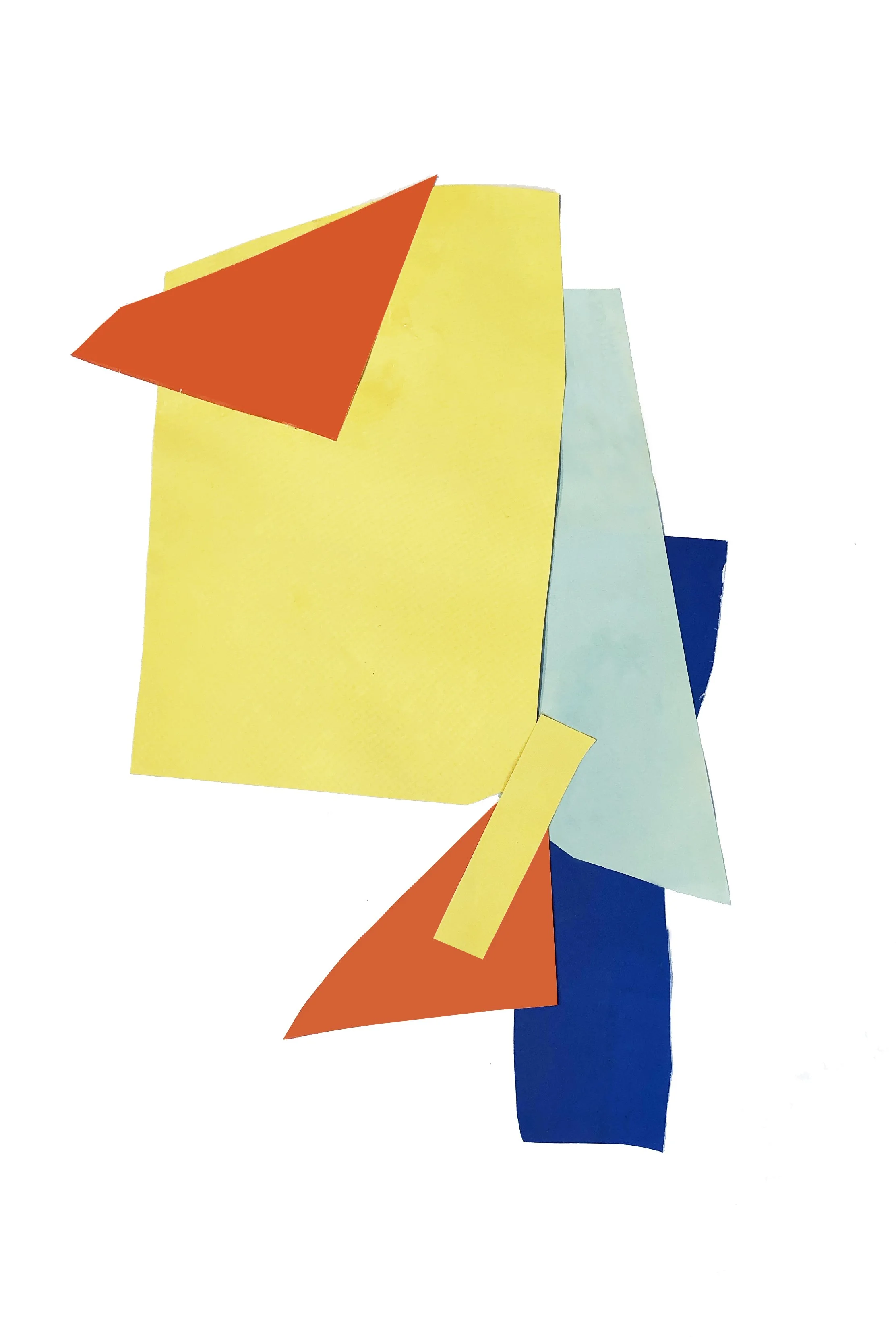 Abstract artwork with colored shapes in blue, orange and yellow.