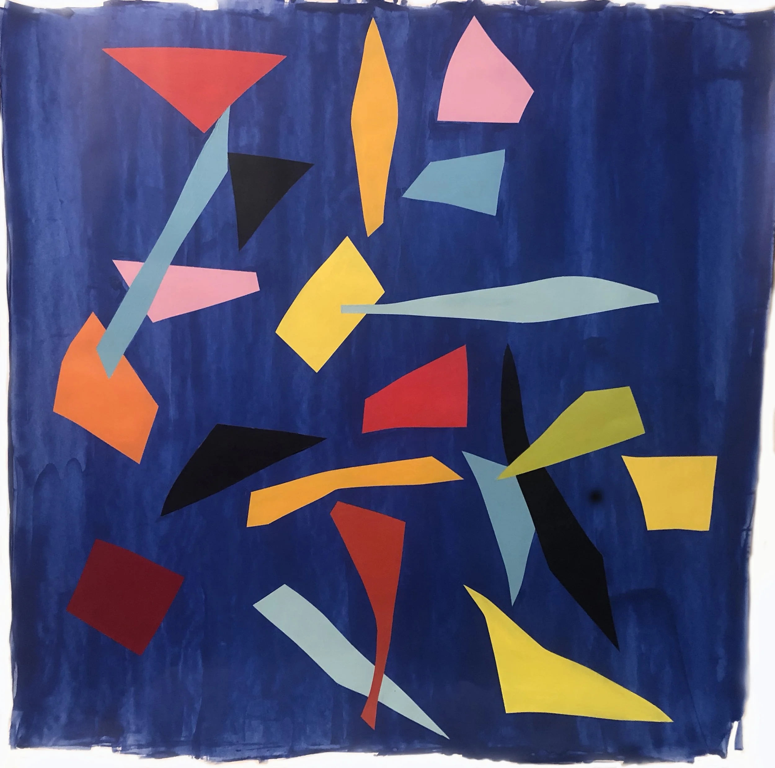 Abstract art with colorful geometric shapes on a dark blue background.