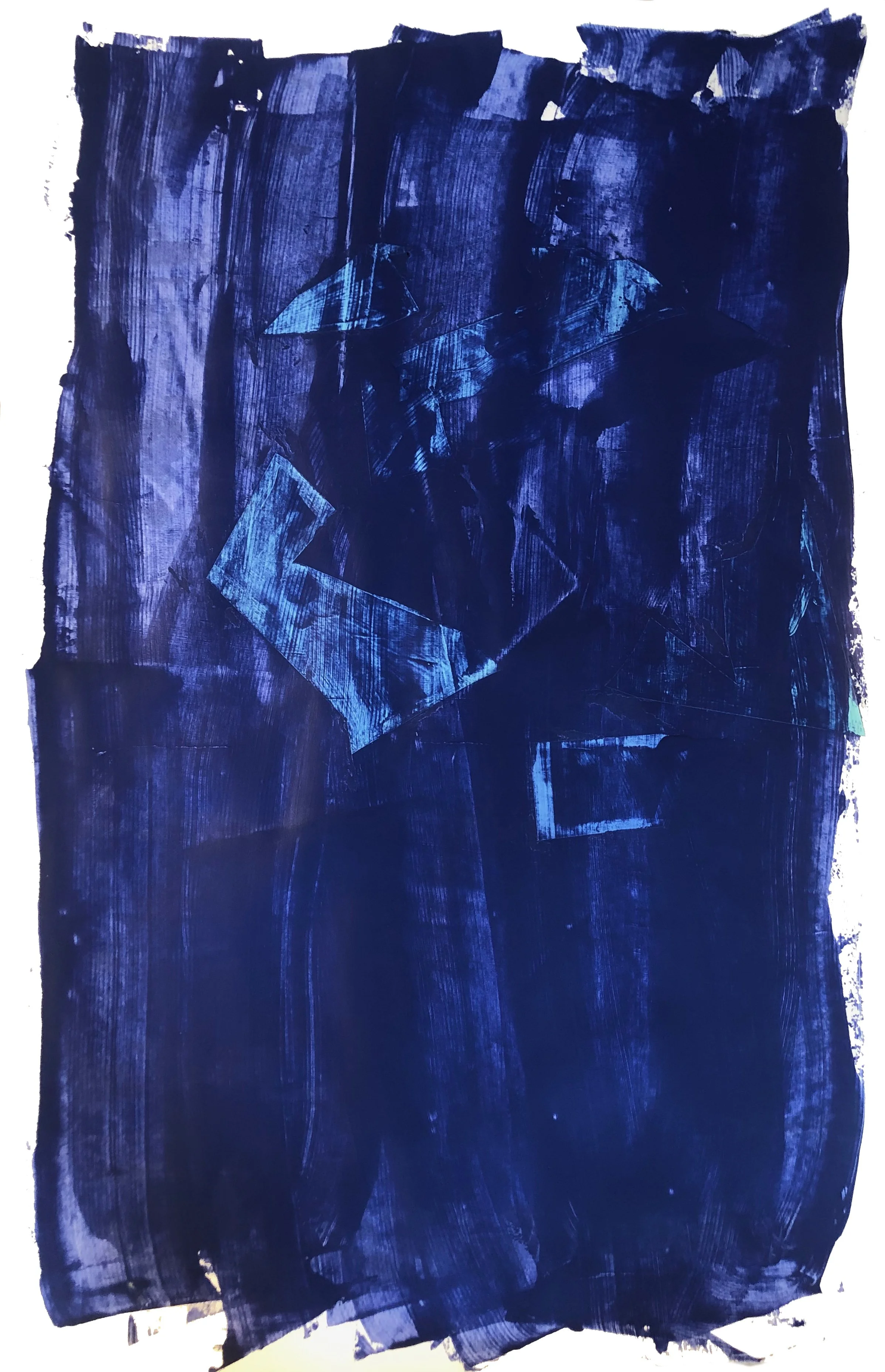 Dark blue abstract artwork with lighter blue shapes beneath.