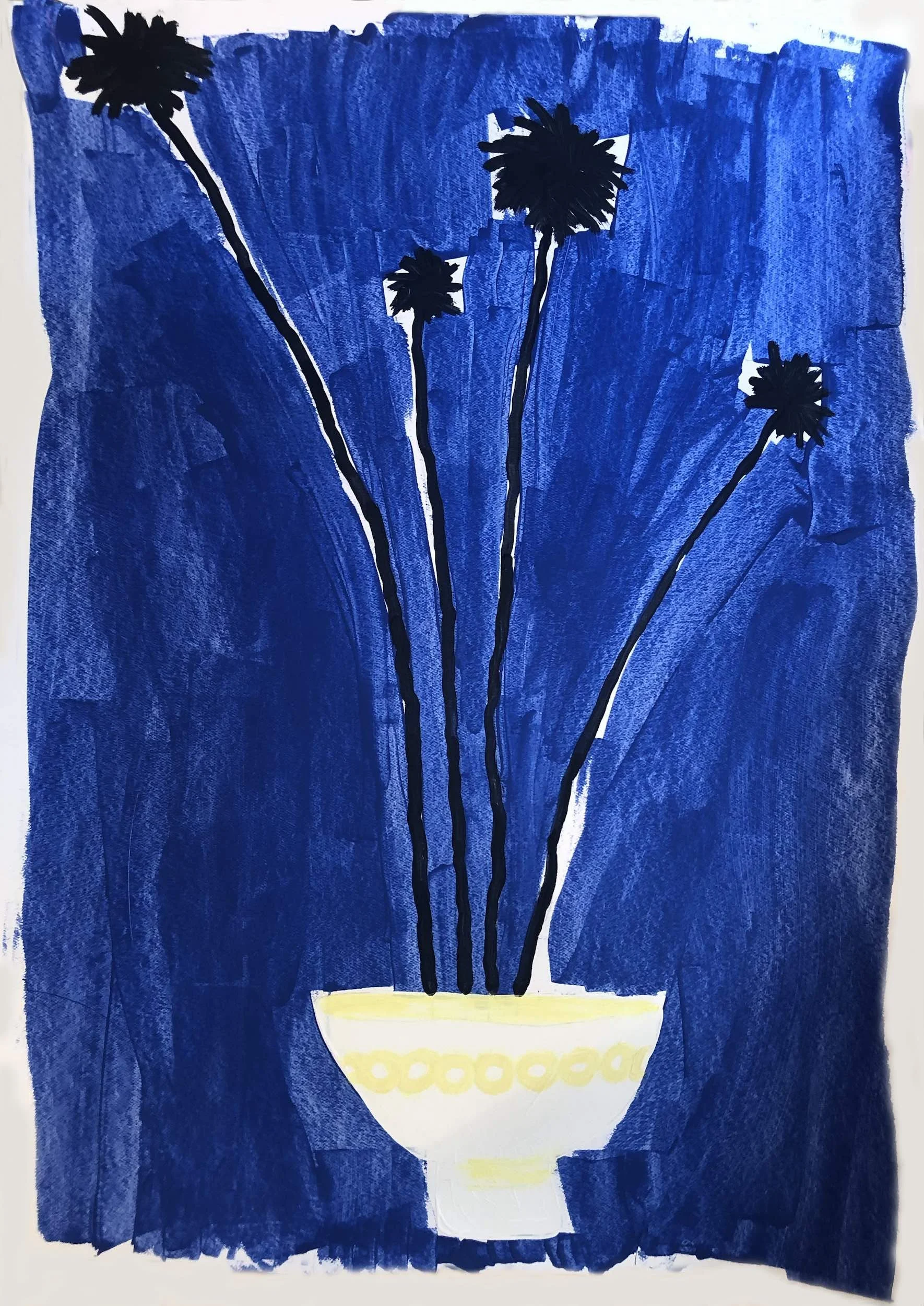 A painting of a potted plant with tall, spiky flowers against a blue background, with the plant's outline and flowers painted in black.