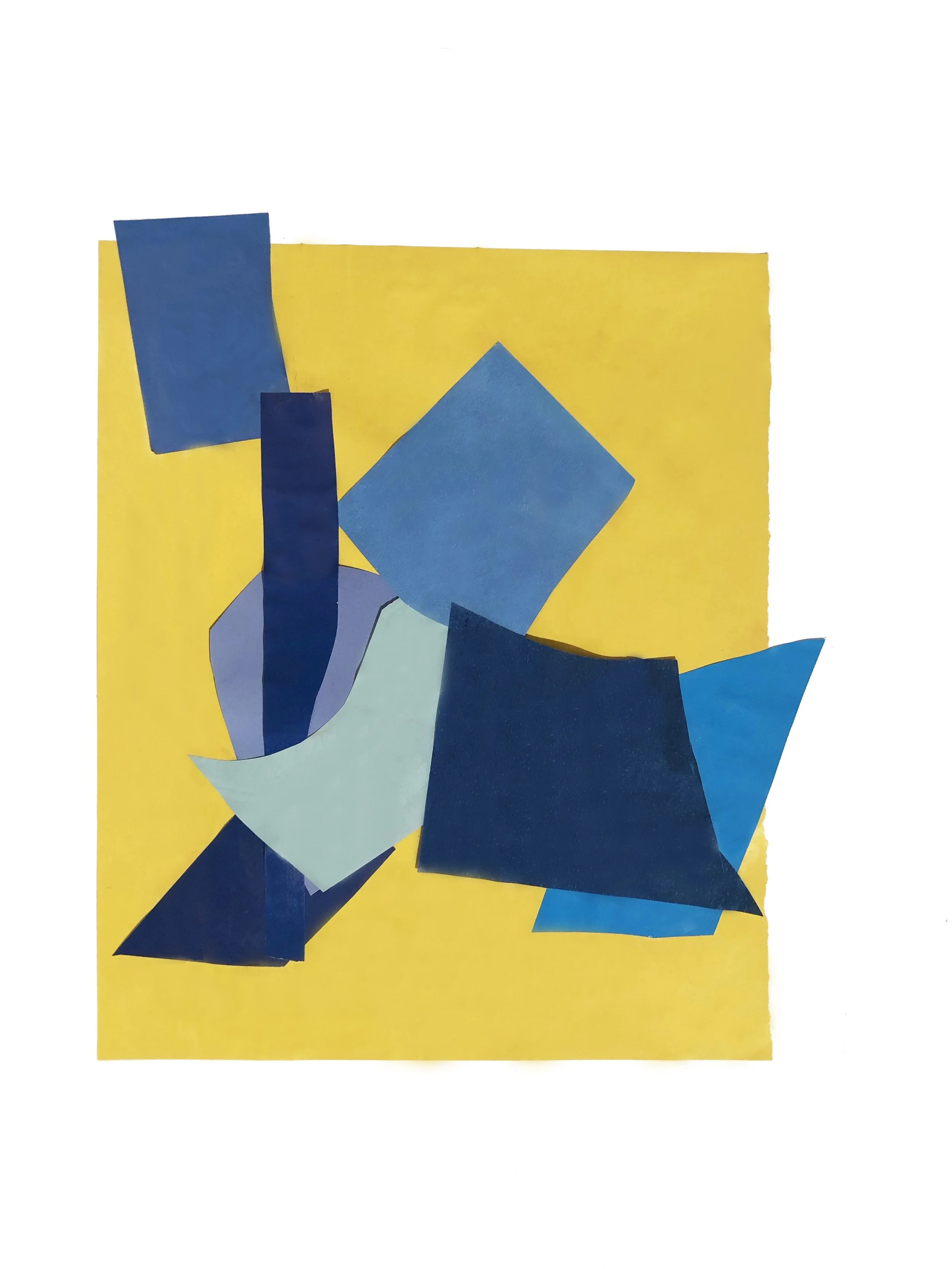 Abstract collage of blue and teal paper shapes on a yellow background.