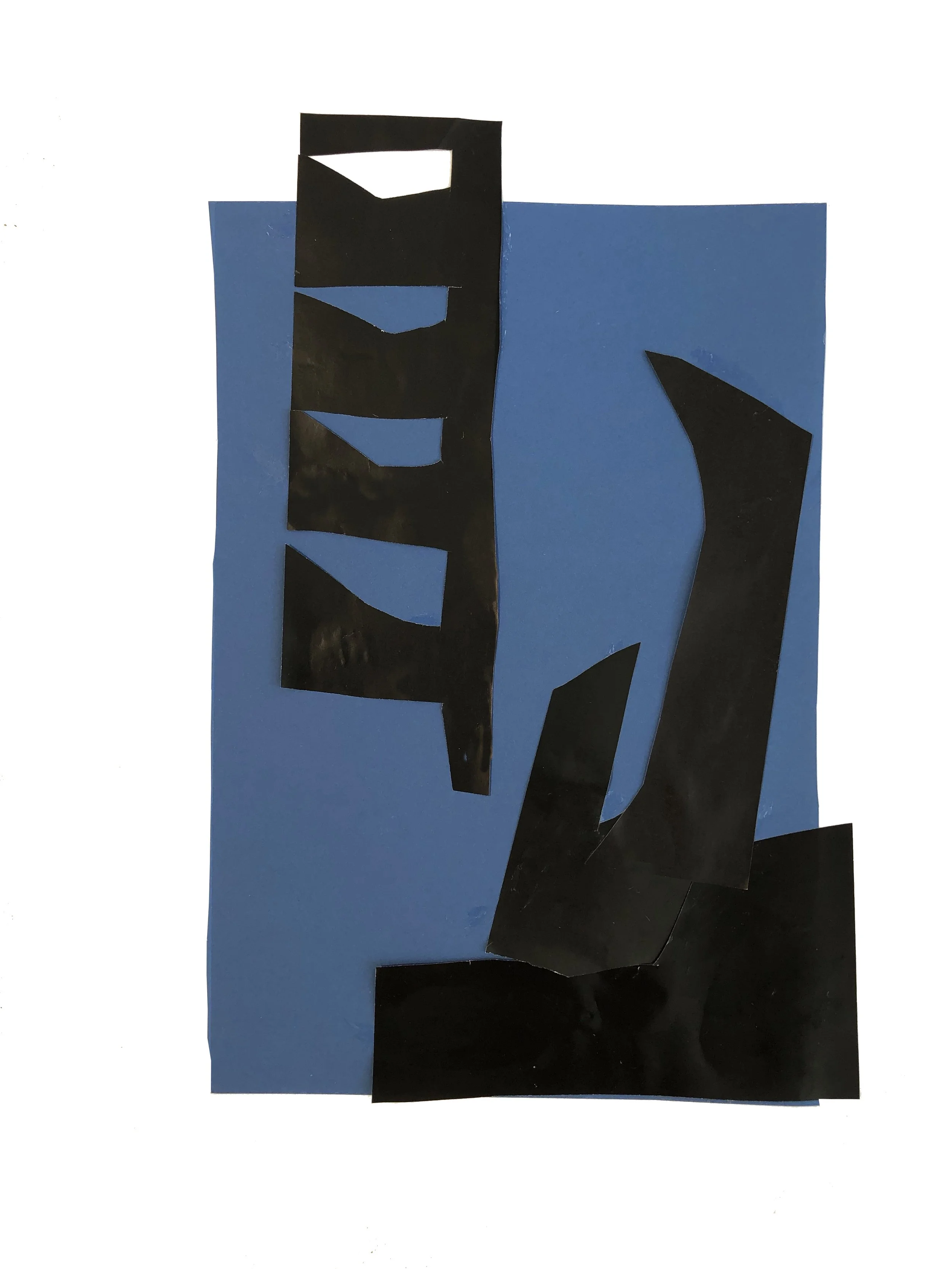 Abstract artwork with colored shapes in blue, and black.