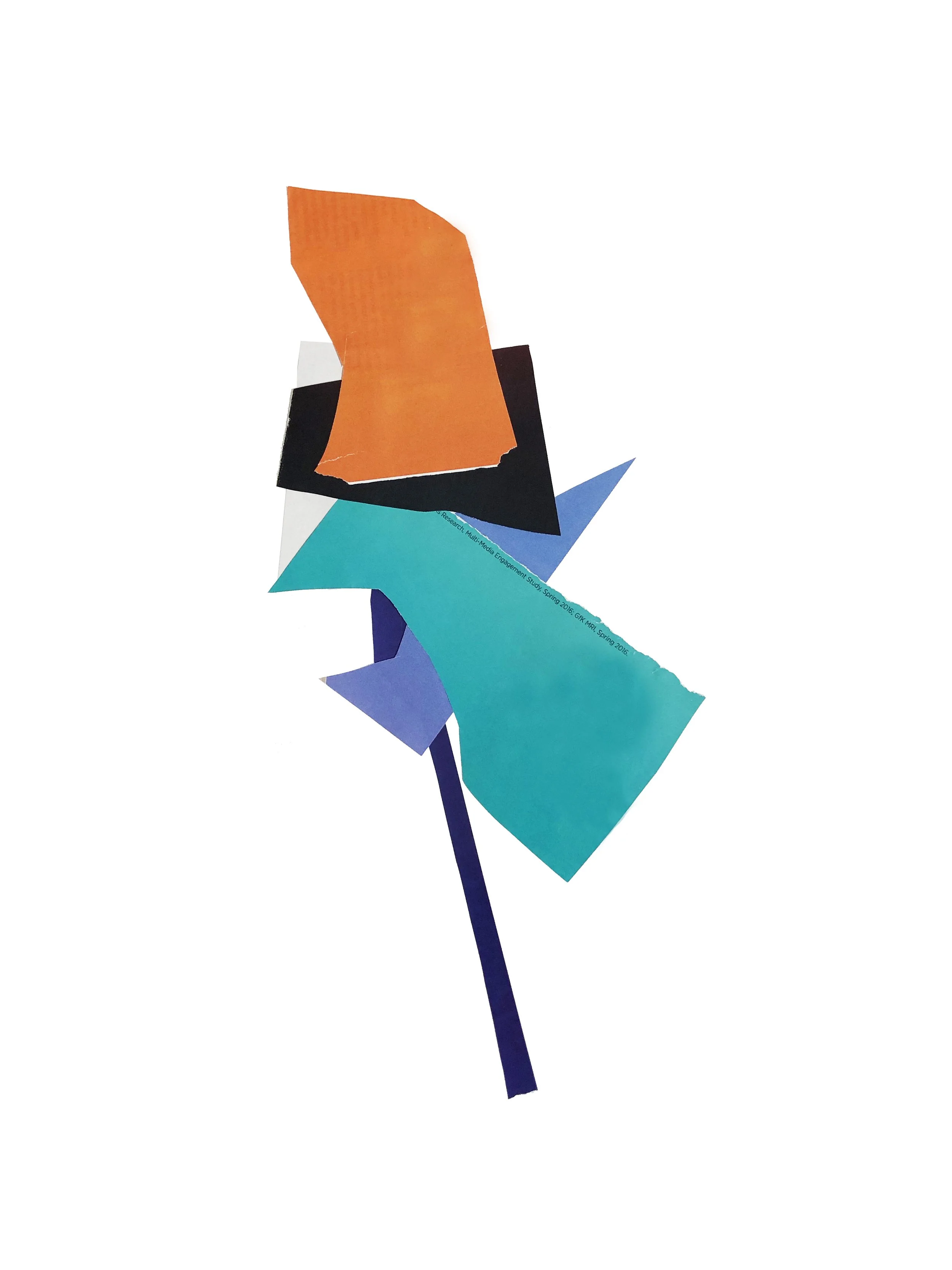 Abstract artwork with colored shapes in blue, orange and black.