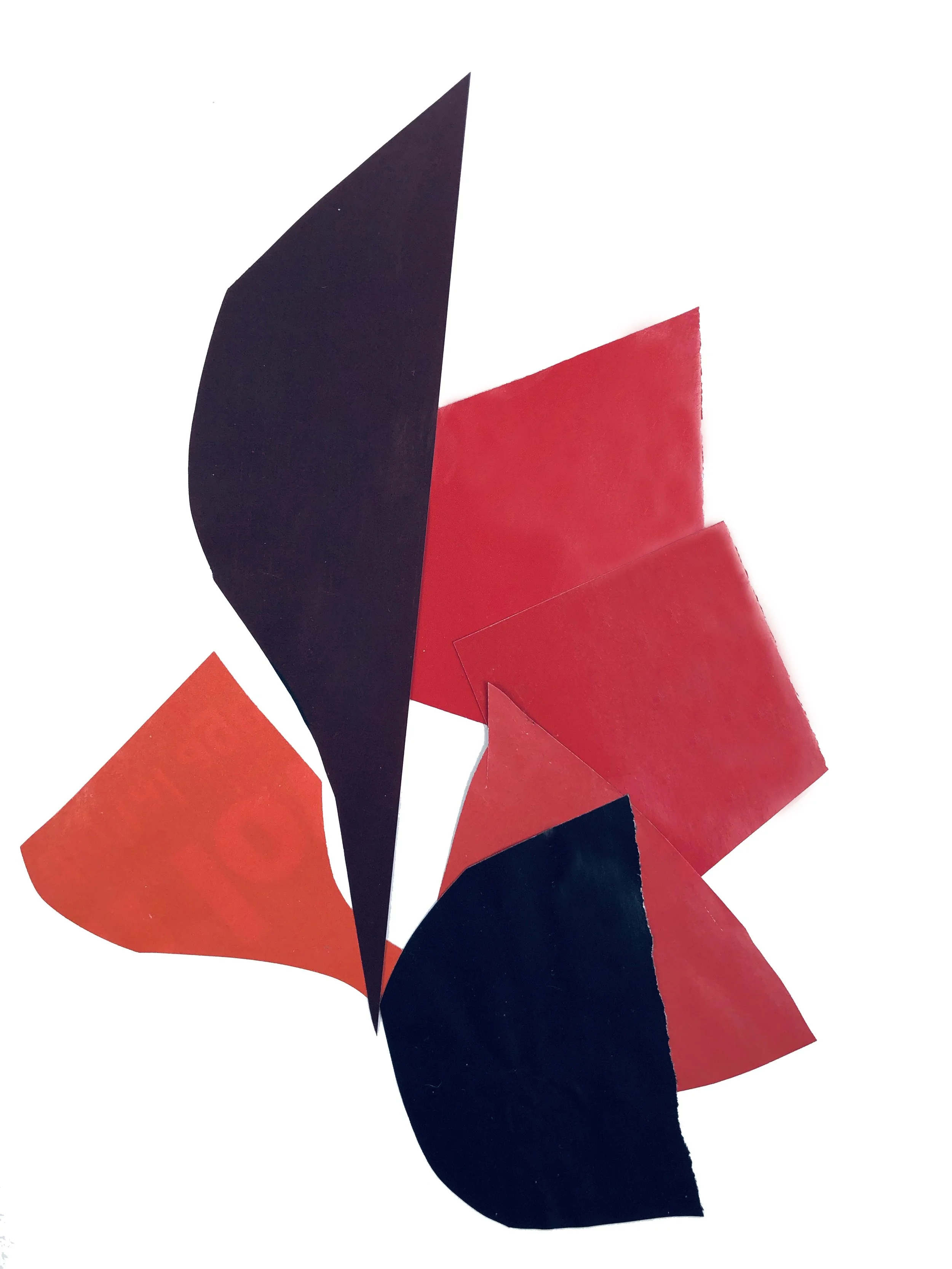 Abstract artwork with colored shapes in red and black.