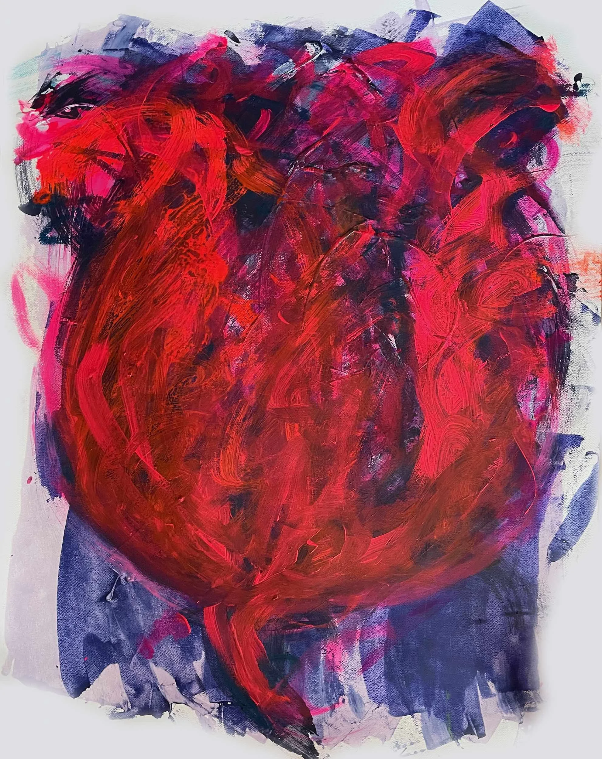 Abstract painting featuring bold red, purple, and black brushstrokes with energetic, swirling patterns.