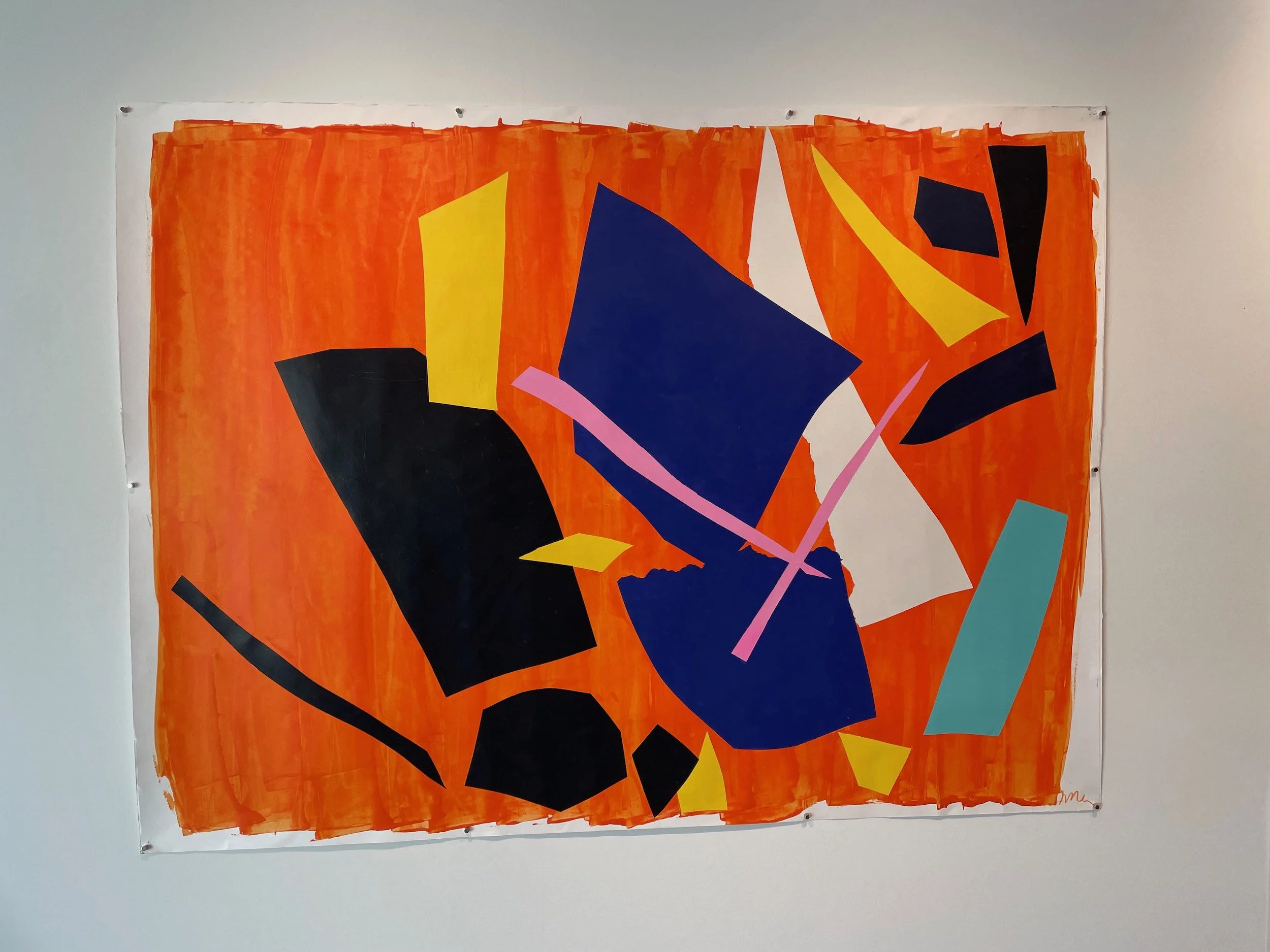 An abstract painting on a large canvas featuring various geometric shapes in bold colors including black, blue, yellow, pink, white, and teal, against an orange background.