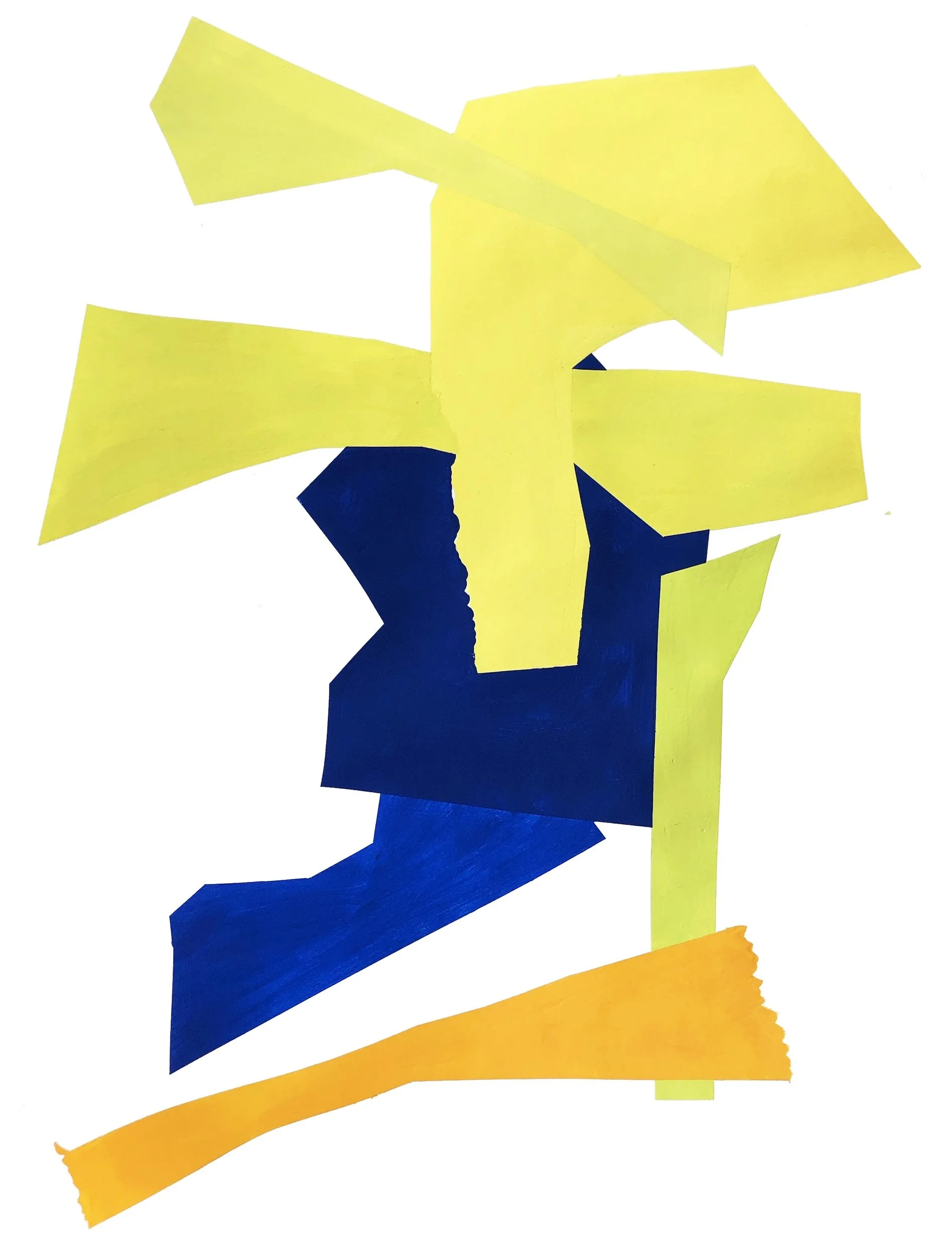 Abstract collage artwork featuring torn paper shapes in yellow, dark blue, and orange on a white background.