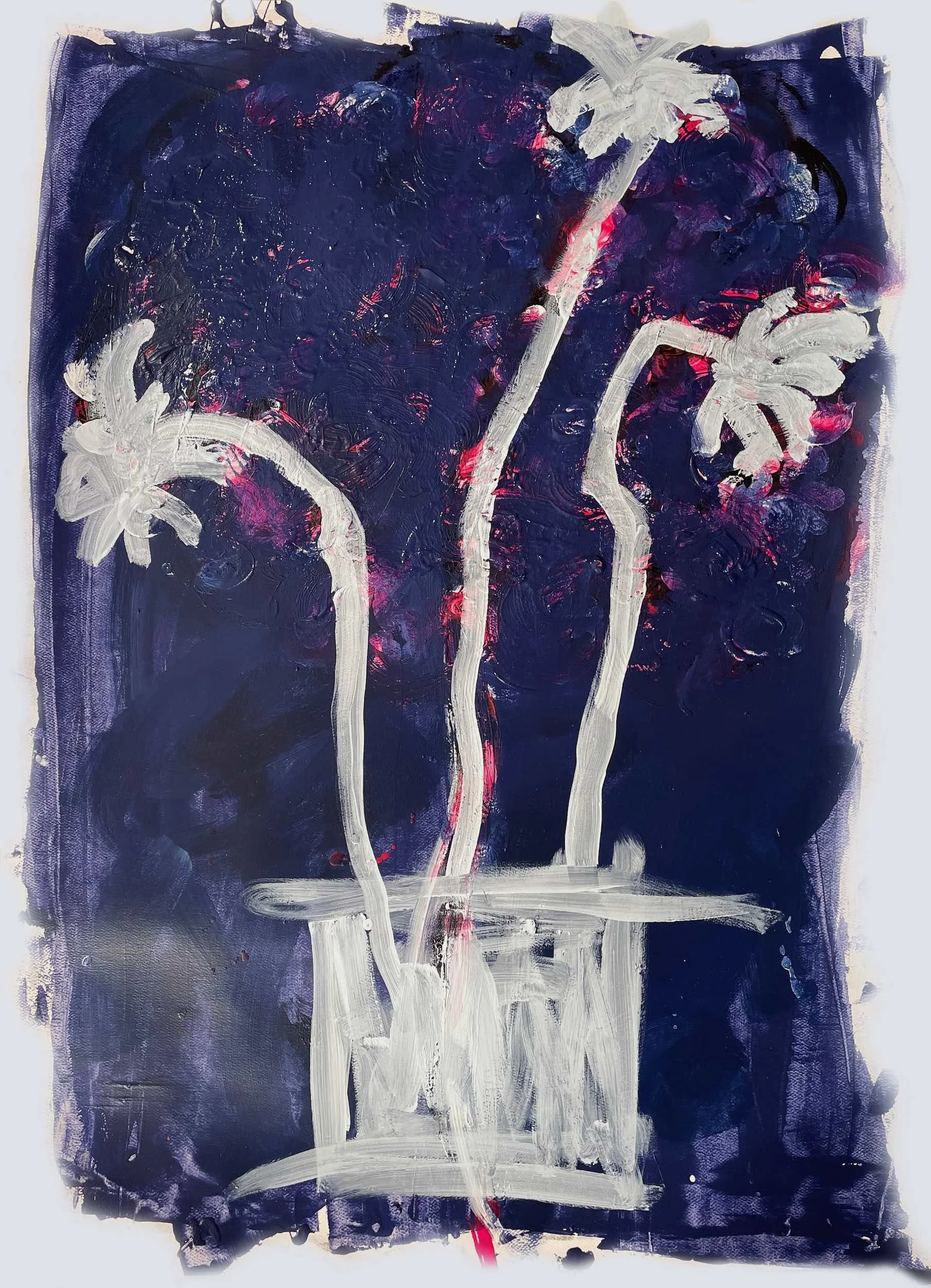Abstract painting of a dark purple background with white lines forming three tall, curved shapes resembling flowers or trees in a pot, with touches of red and pink.