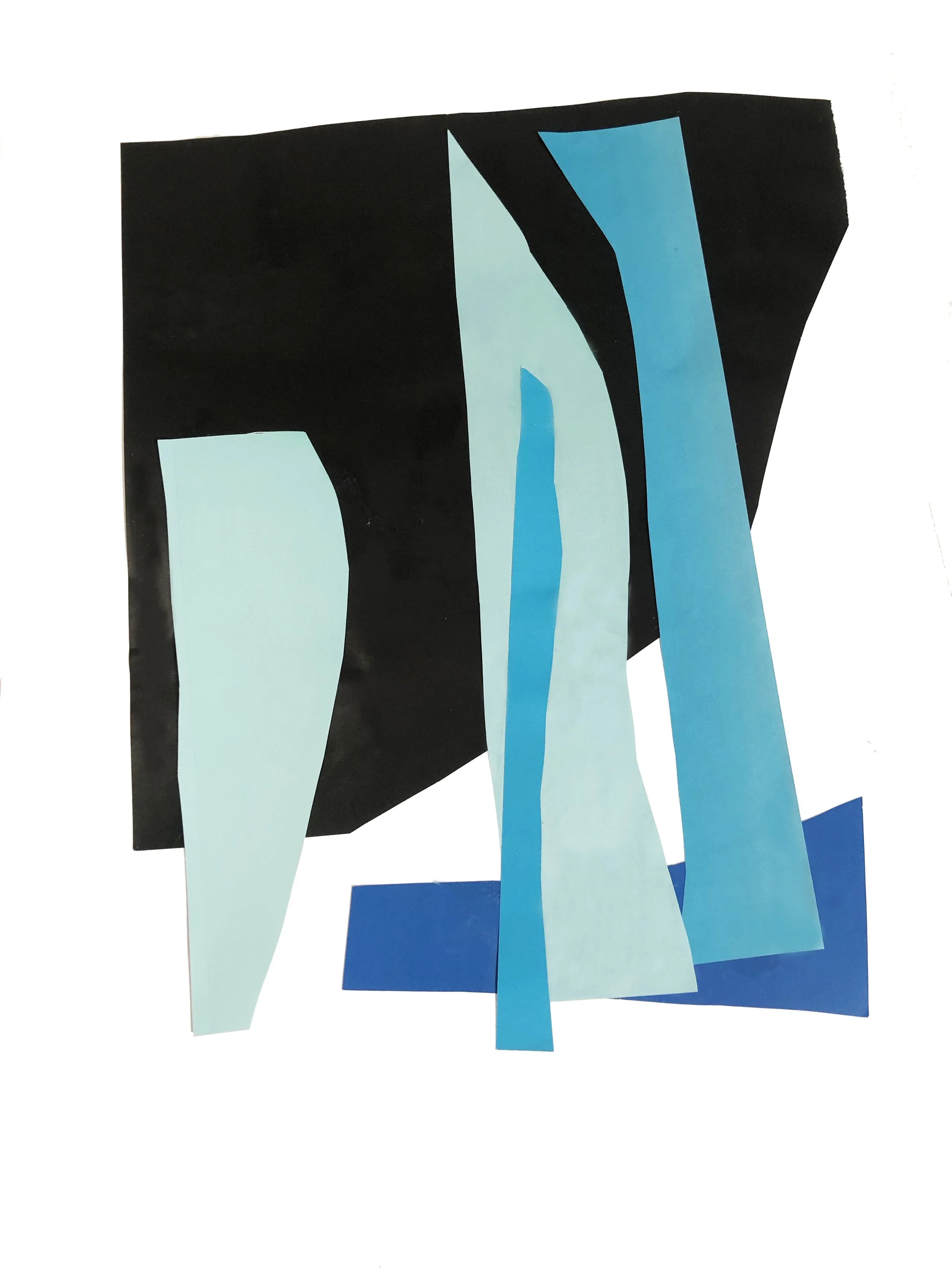 Abstract artwork with colored shapes in blues and black.