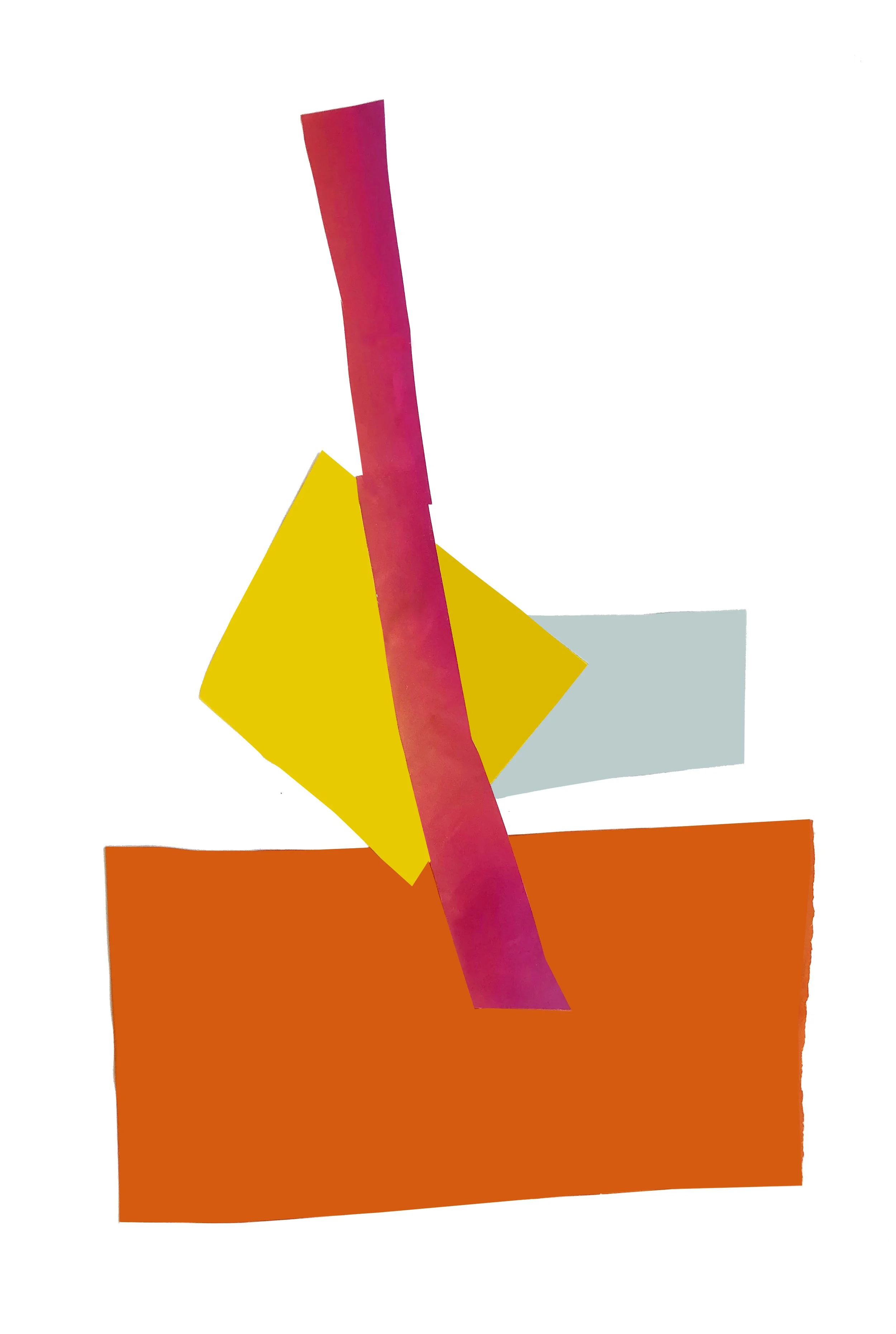 Abstract artwork with colored shapes in blue, orange and yellow.