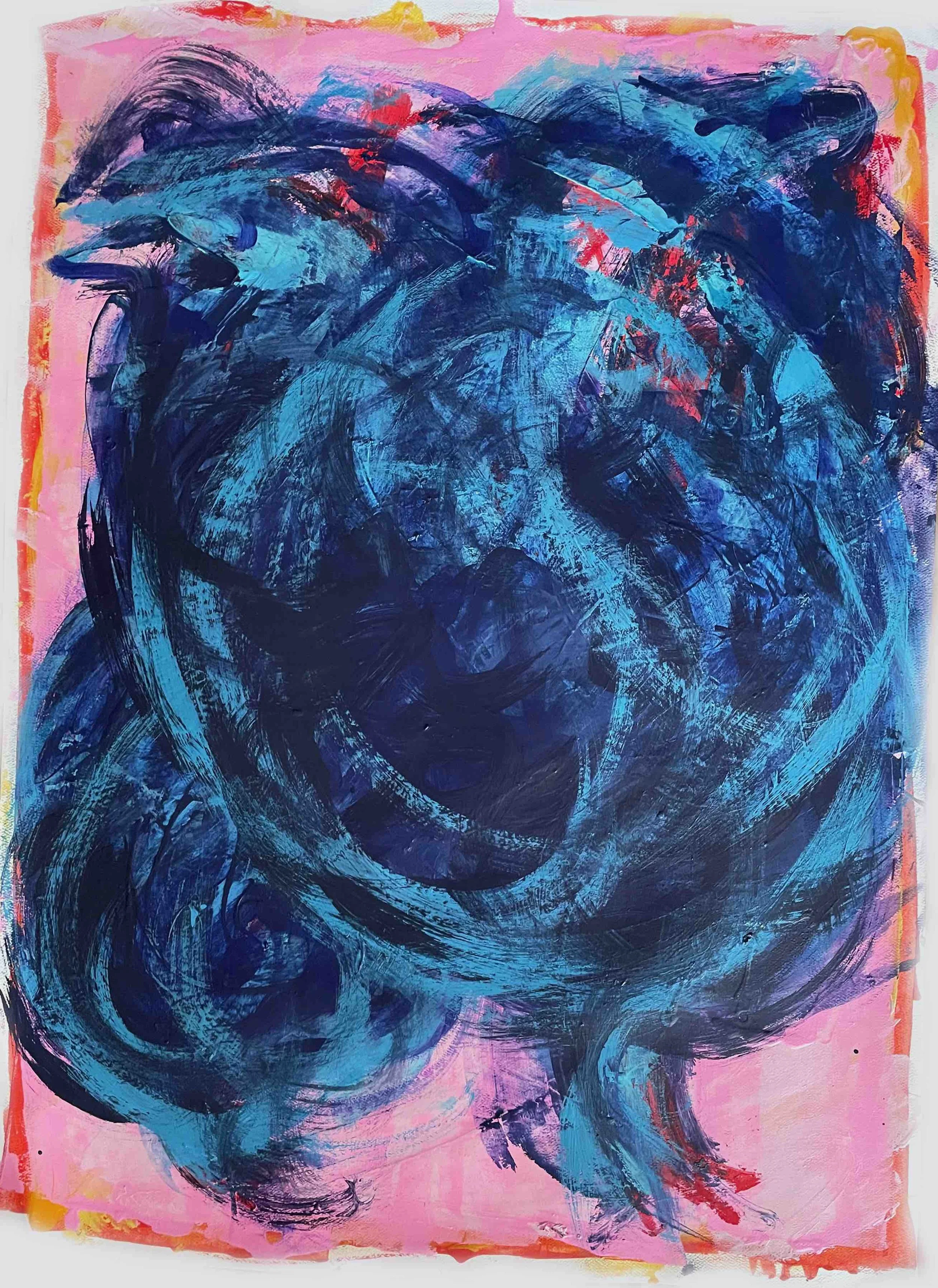 Abstract painting with a pink background and bold blue and black brushstrokes.