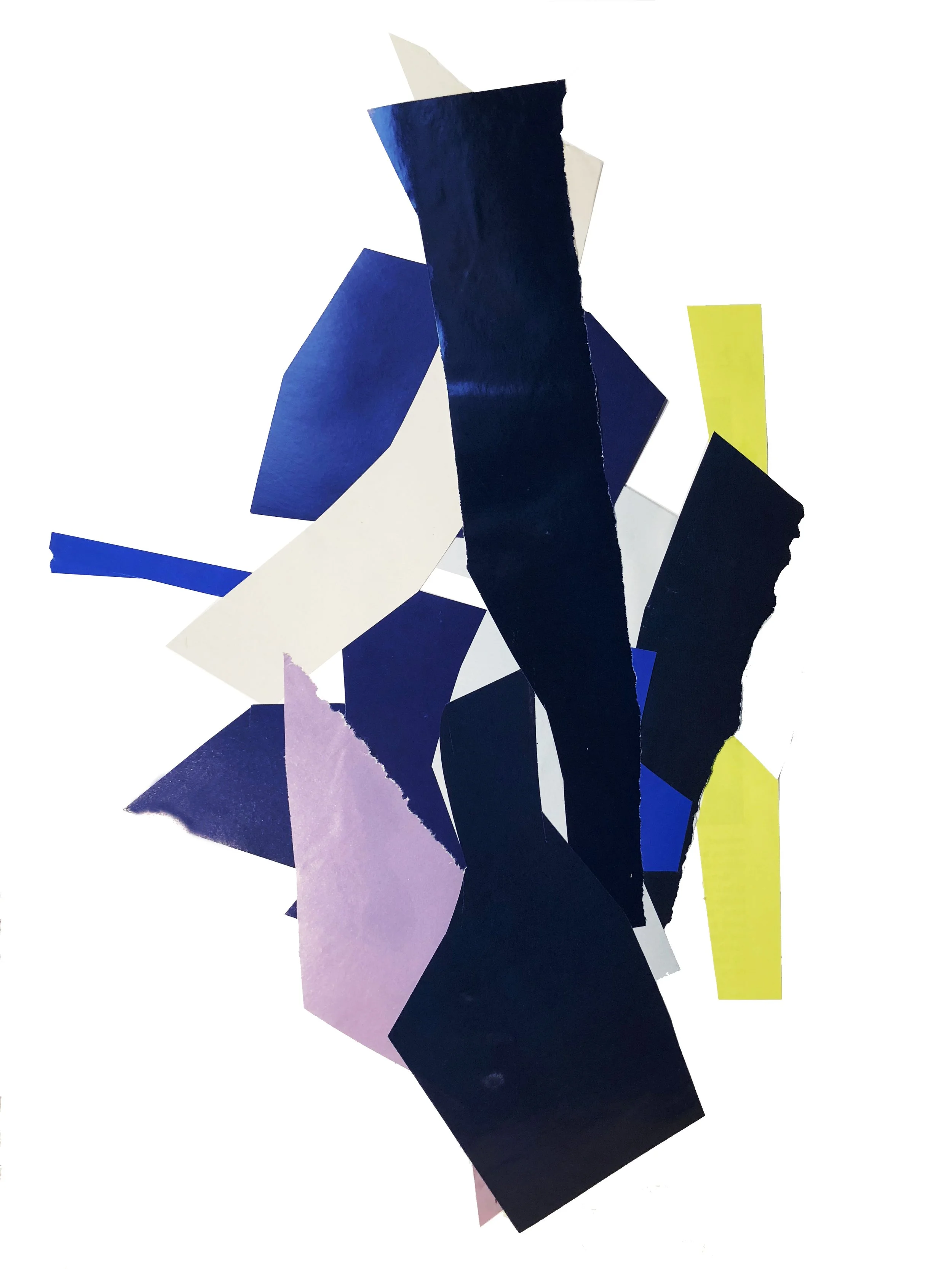 Abstract artwork with colored shapes in blues, lavender and yellow.