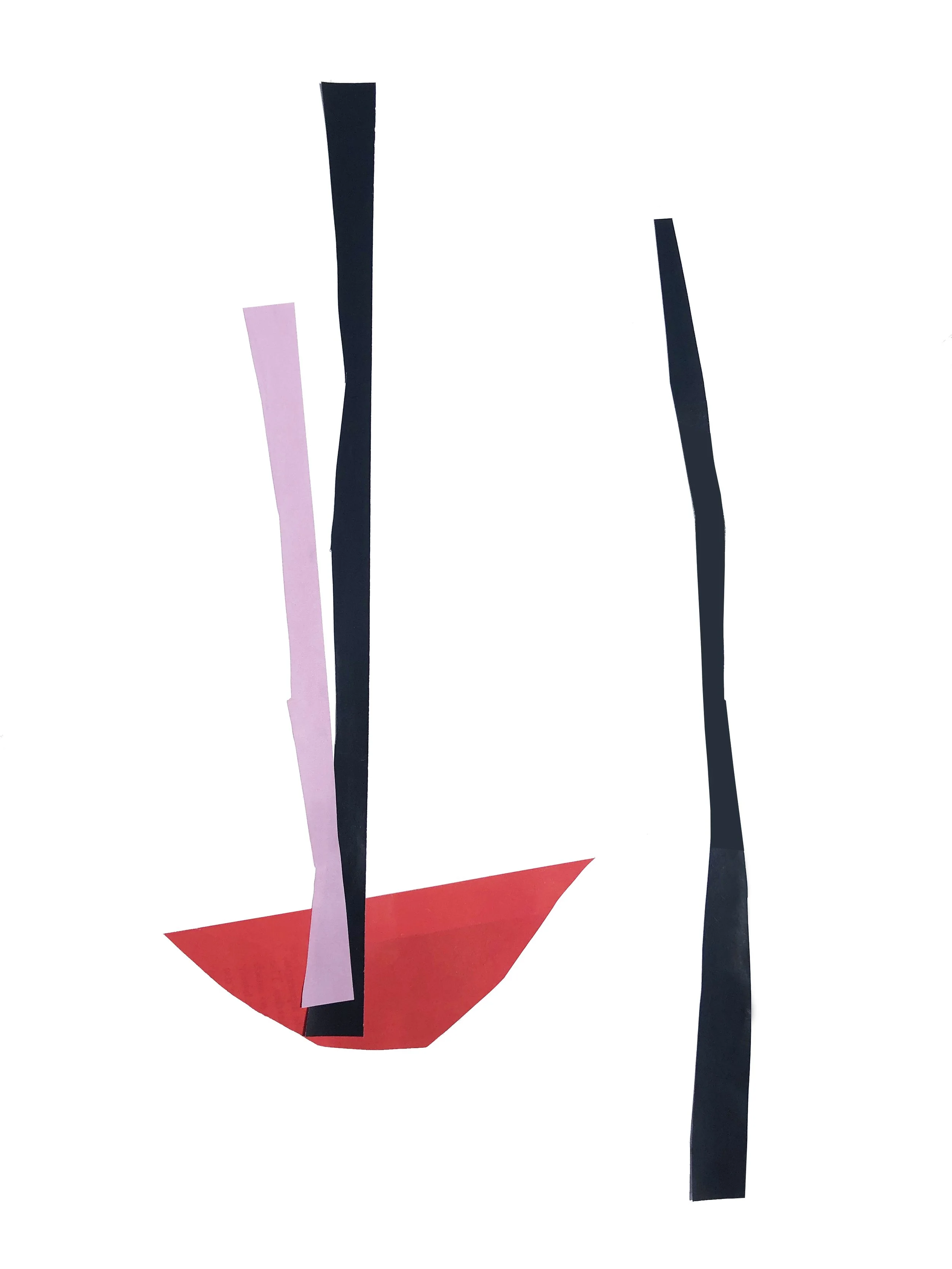 Abstract artwork with colored shapes in black, red and pink.