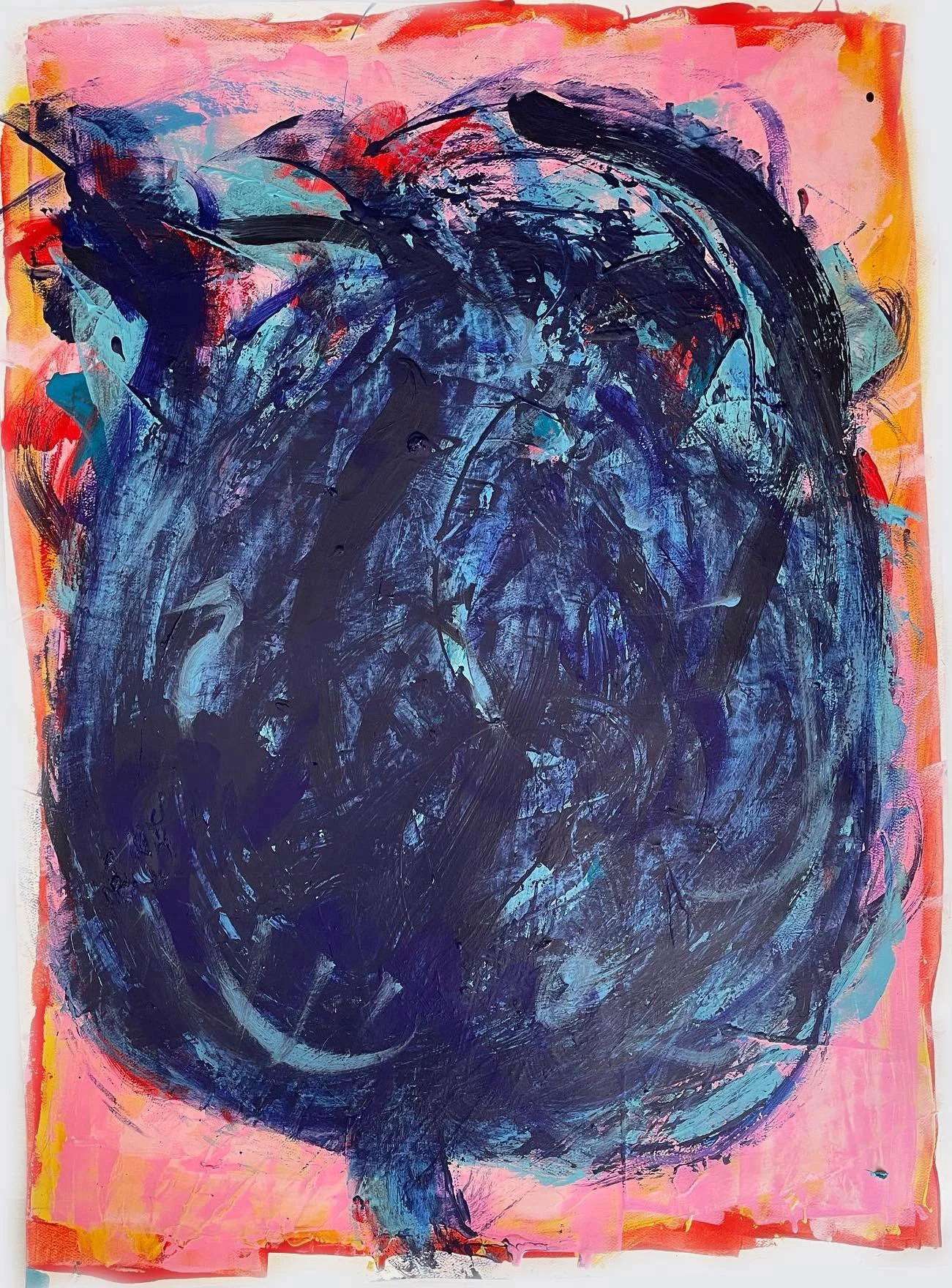 Abstract painting with thick black, blue, and red brushstrokes on a pink background.