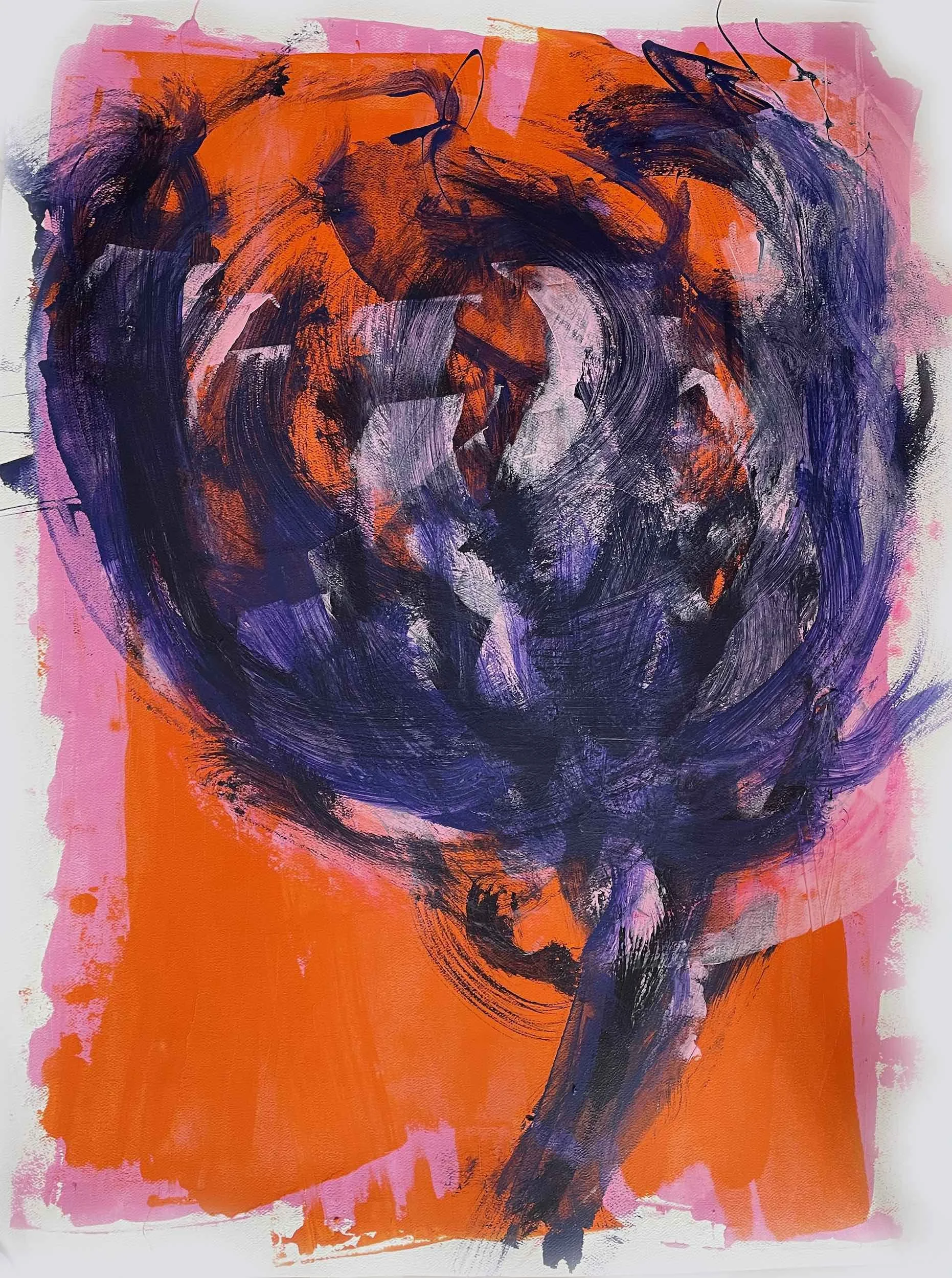 Abstract painting with bold orange background and swirling dark purple, black, and white brushstrokes.
