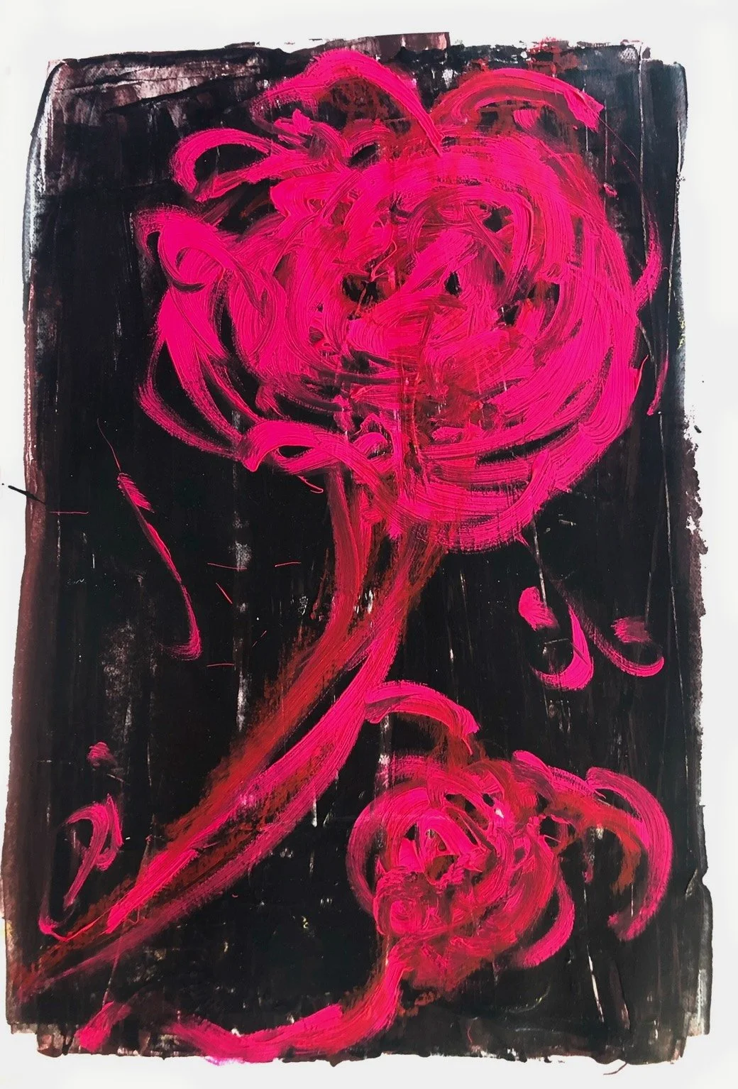 Abstract painting of a pink rose with a long stem on a black background, with a smaller rose below it.
