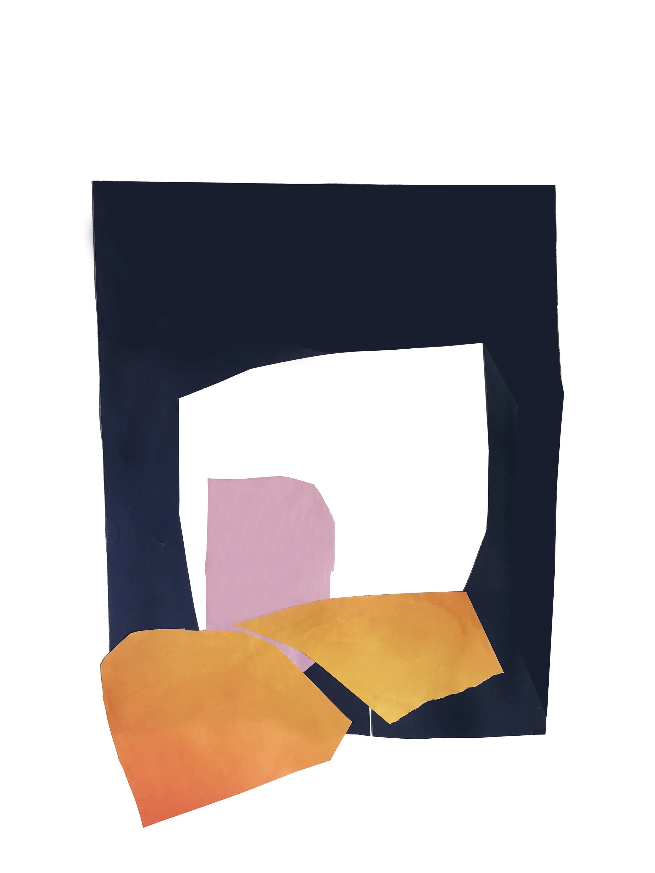 Abstract artwork with colored shapes in black, orange and pink.