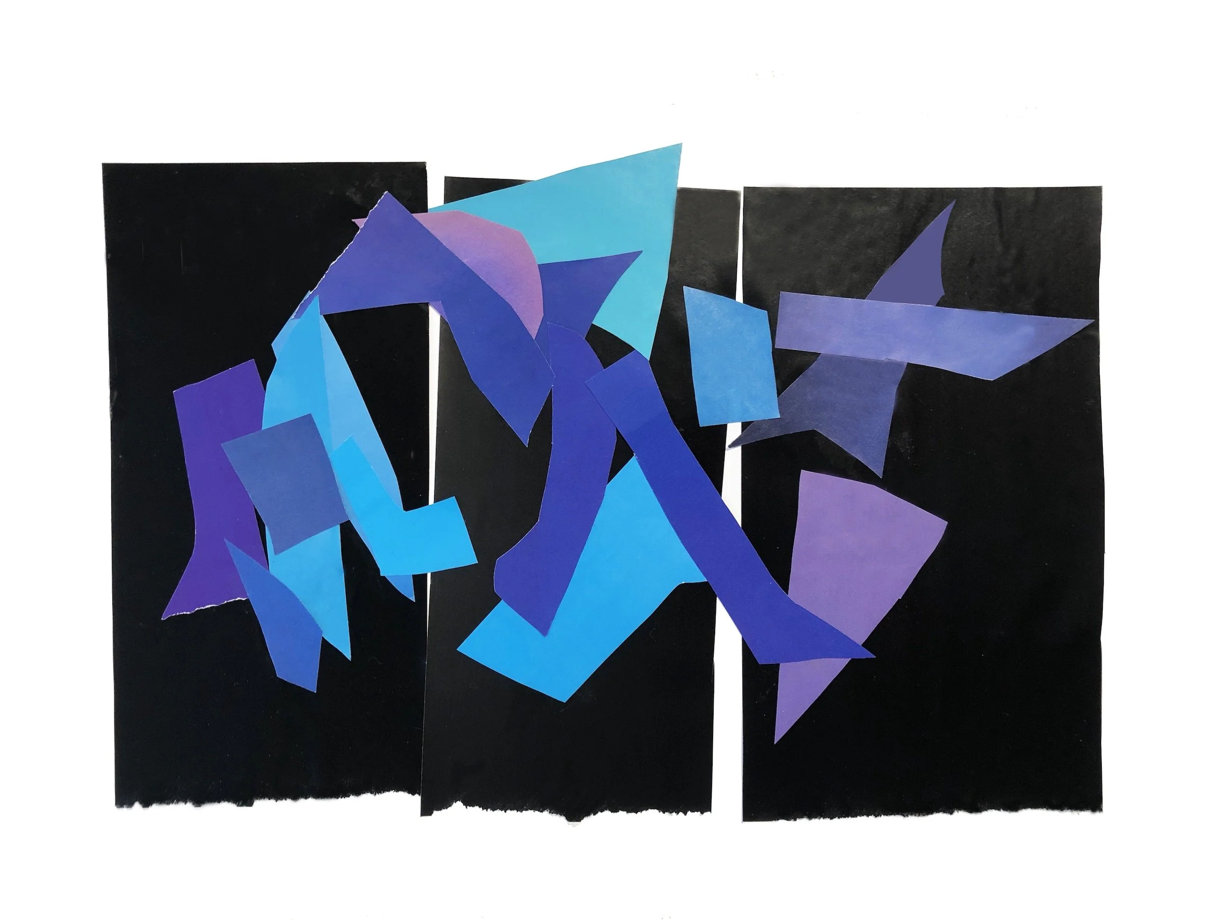 Abstract geometric collage art with torn black paper background and blue, purple, and teal angular shapes.