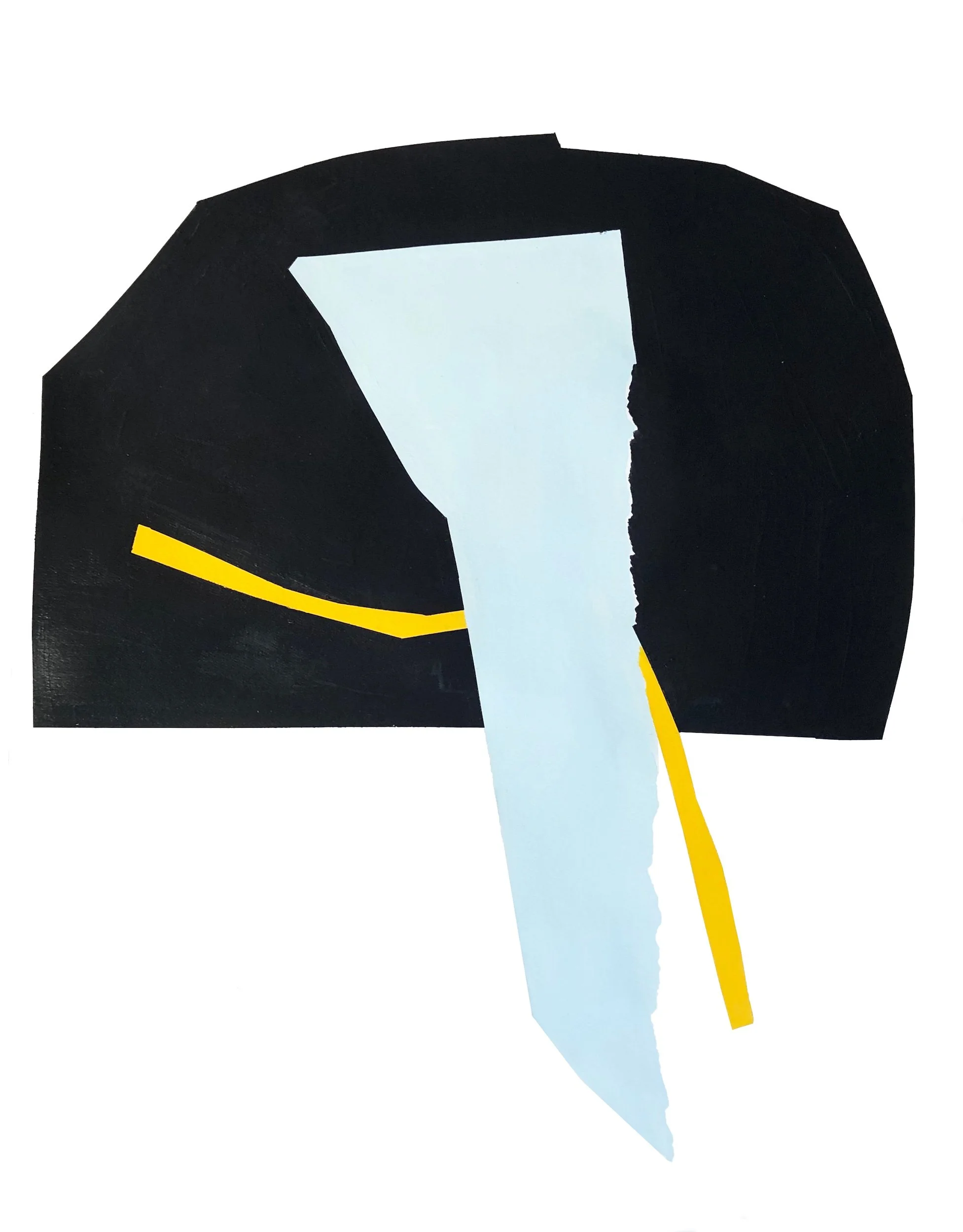 Abstract artwork featuring black and white shapes with yellow accents.
