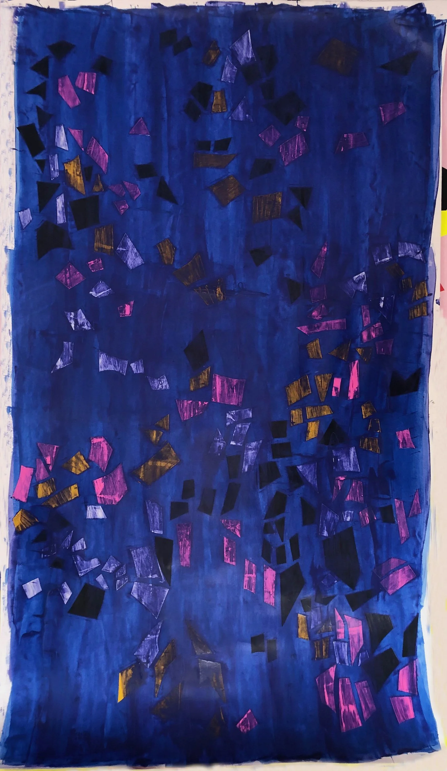 An abstract artwork with a dark blue background and scattered geometric shapes in black, purple, pink, and gold.