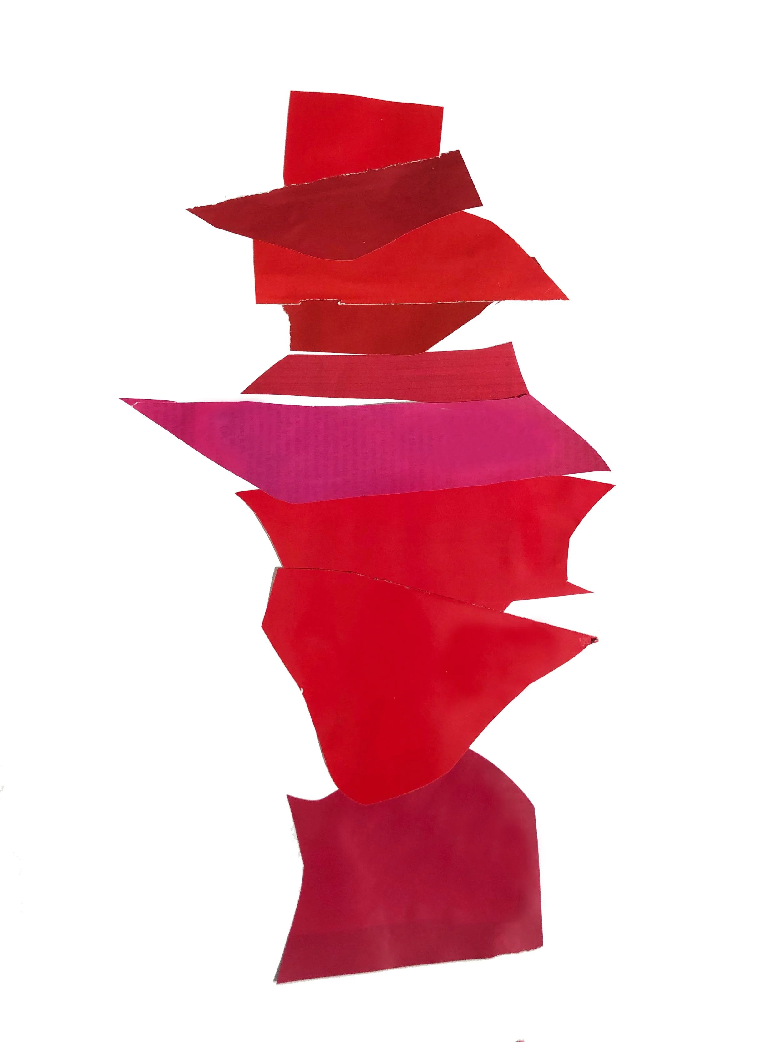Abstract artwork with colored shapes in red and pink.