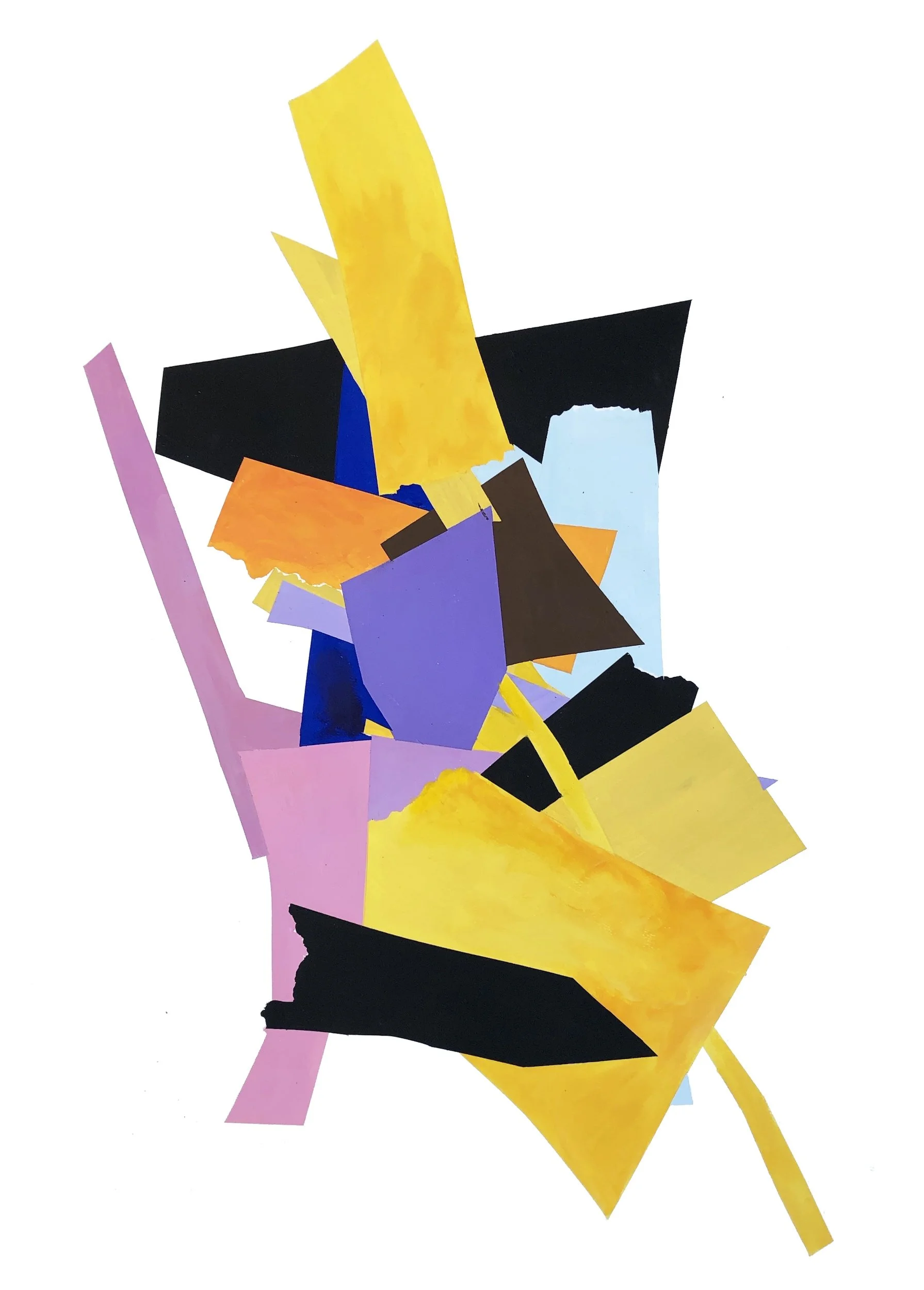 Abstract collage of torn paper pieces in various colors such as yellow, purple, black, blue, orange, pink, and brown arranged against a white background.