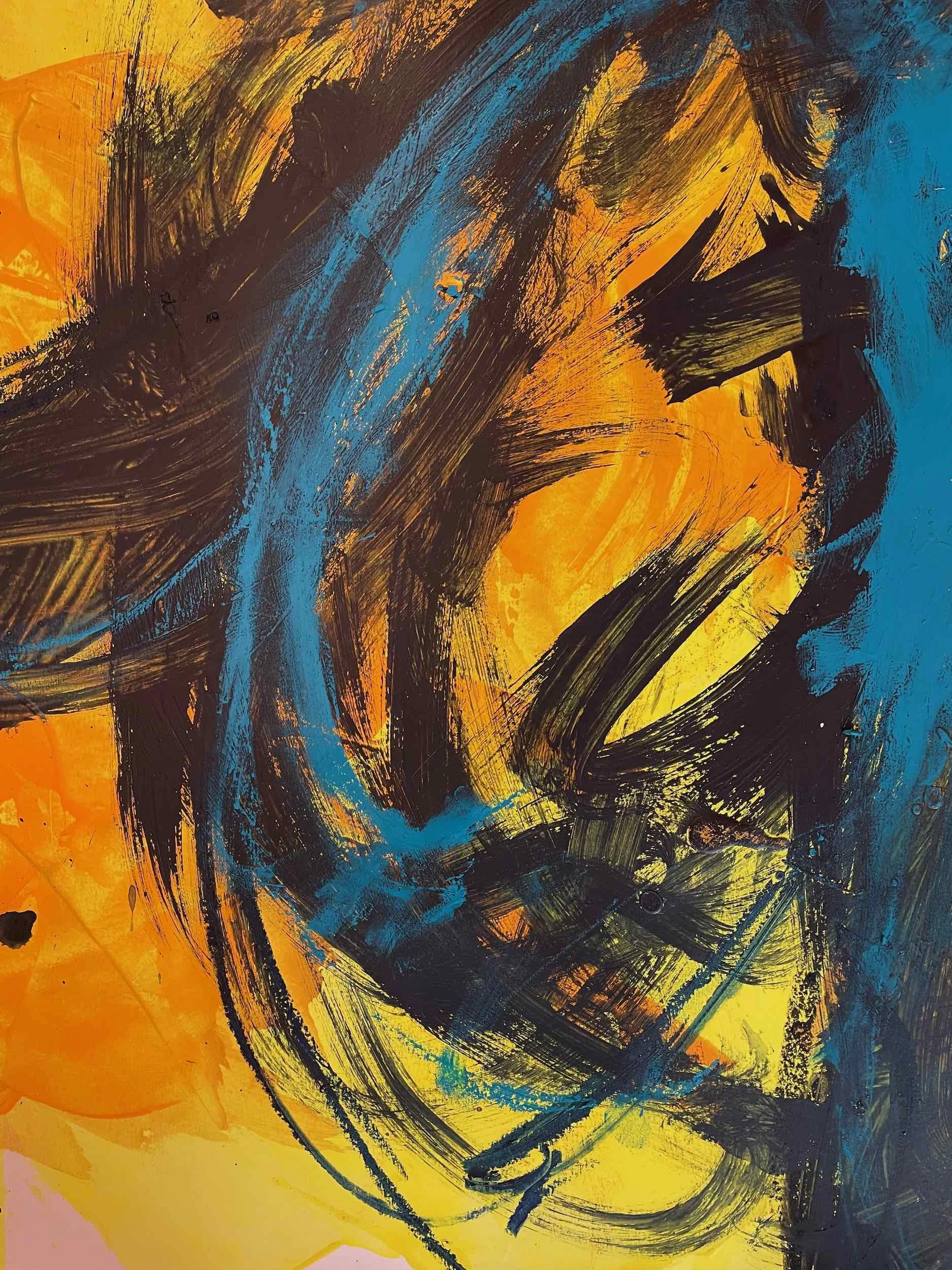 Abstract painting with bold black brushstrokes, accents of blue, and a vibrant background of yellow and orange.