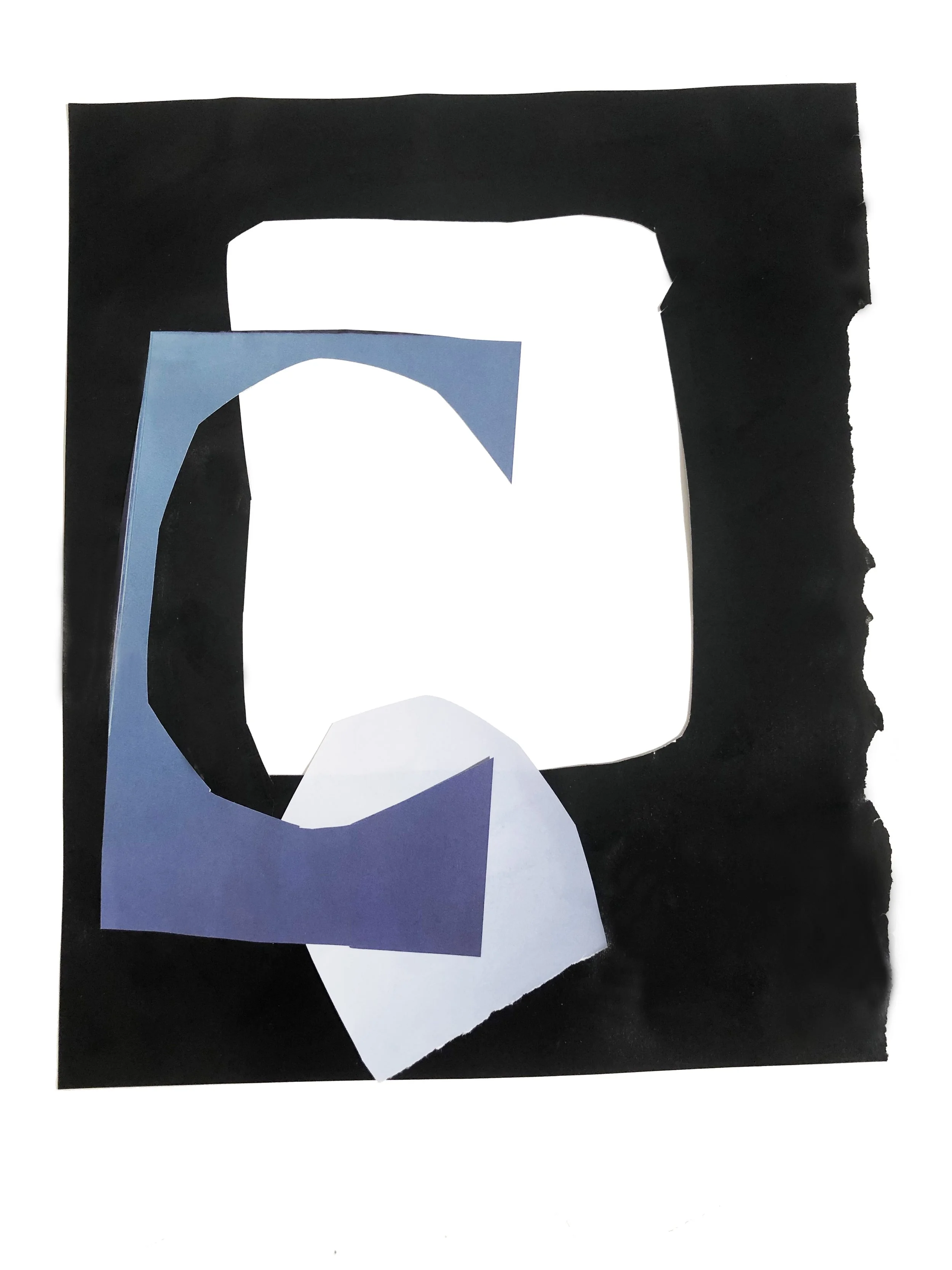 Abstract artwork with colored shapes in blue, and black.