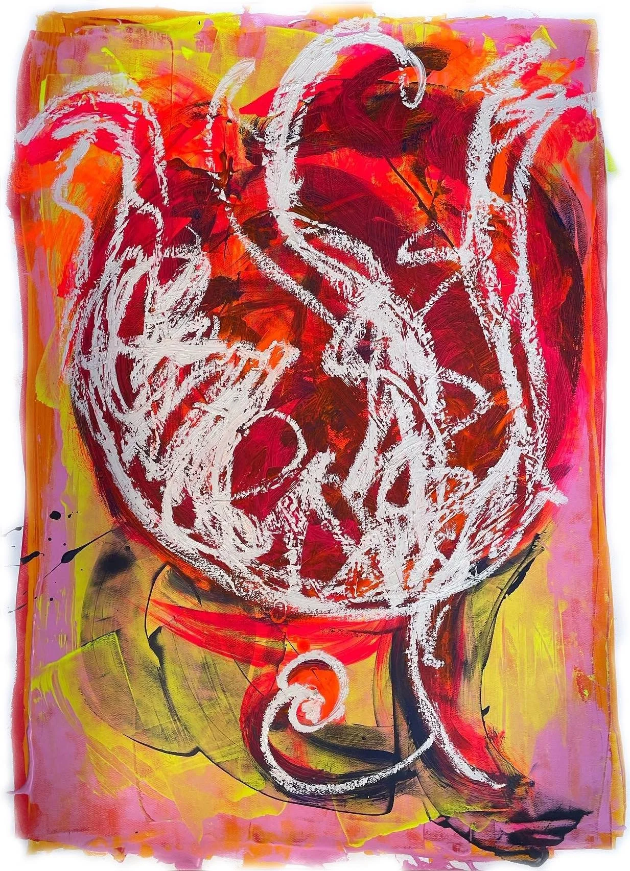 Abstract painting featuring a white dragon and a red tiger against a vibrant yellow, pink, red, and orange background.