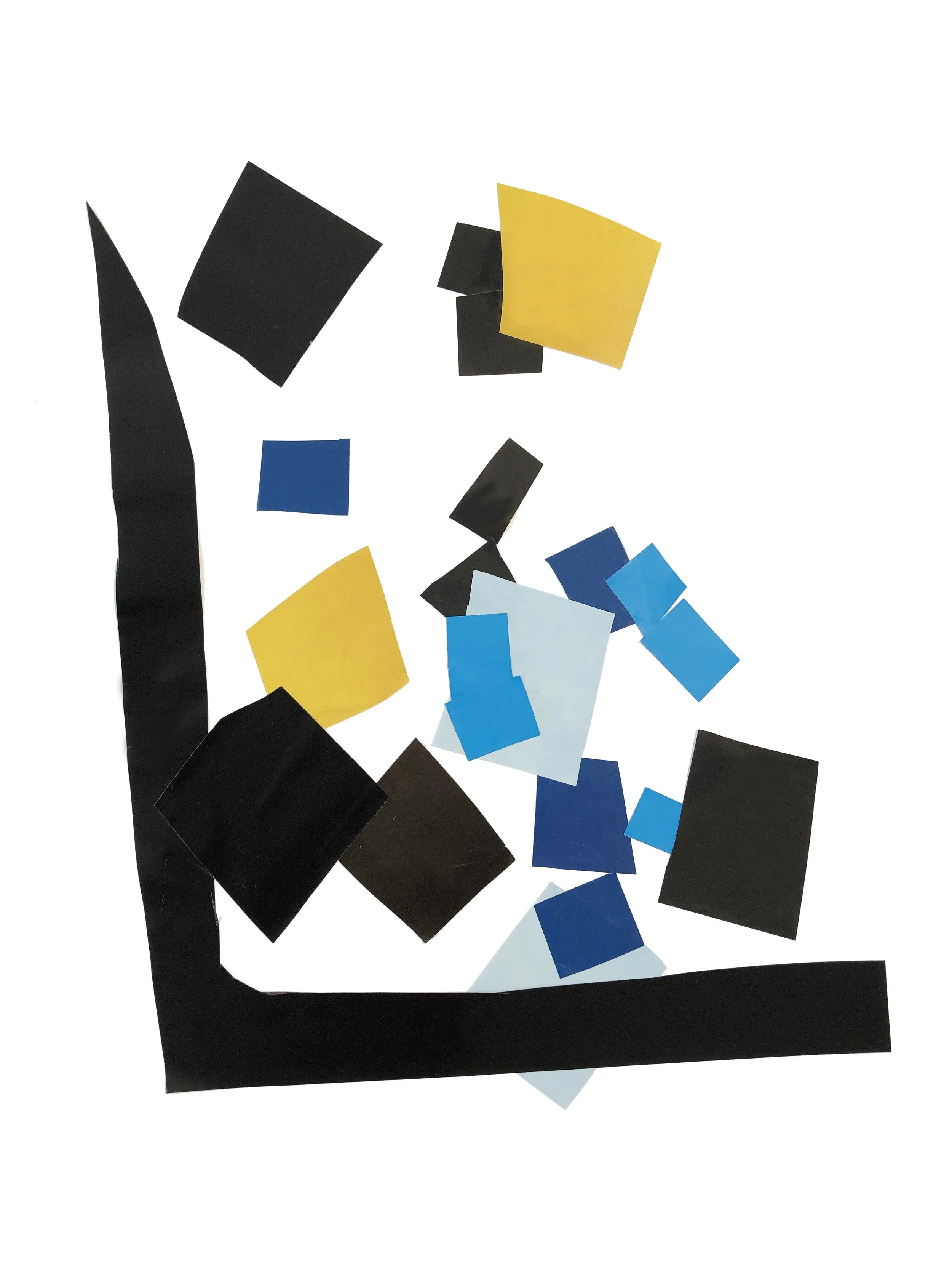 Abstract artwork with colored shapes in blue, black and yellow.