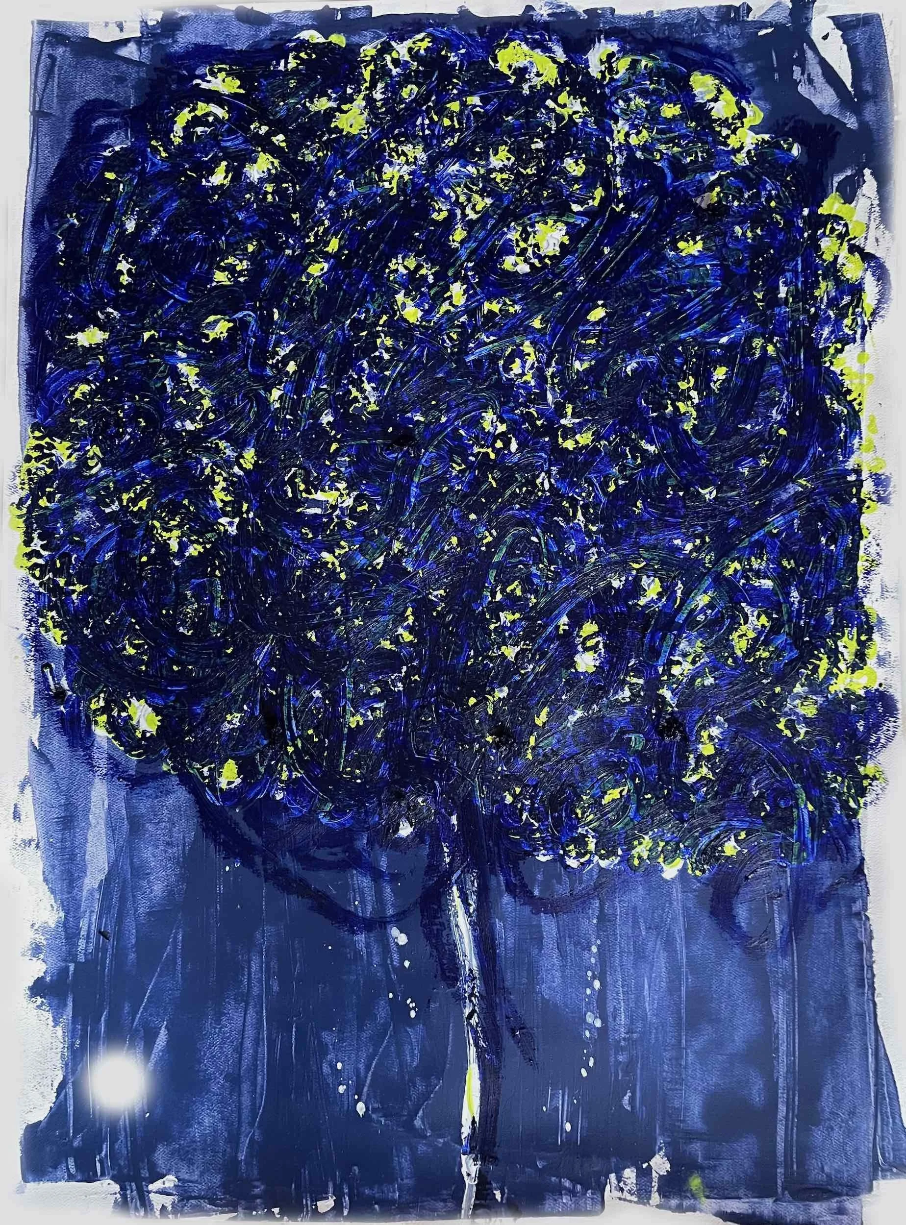 An abstract painting of a tree with a dark blue background, made with thick, swirling brushstrokes and splashes of yellow paint for the leaves.
