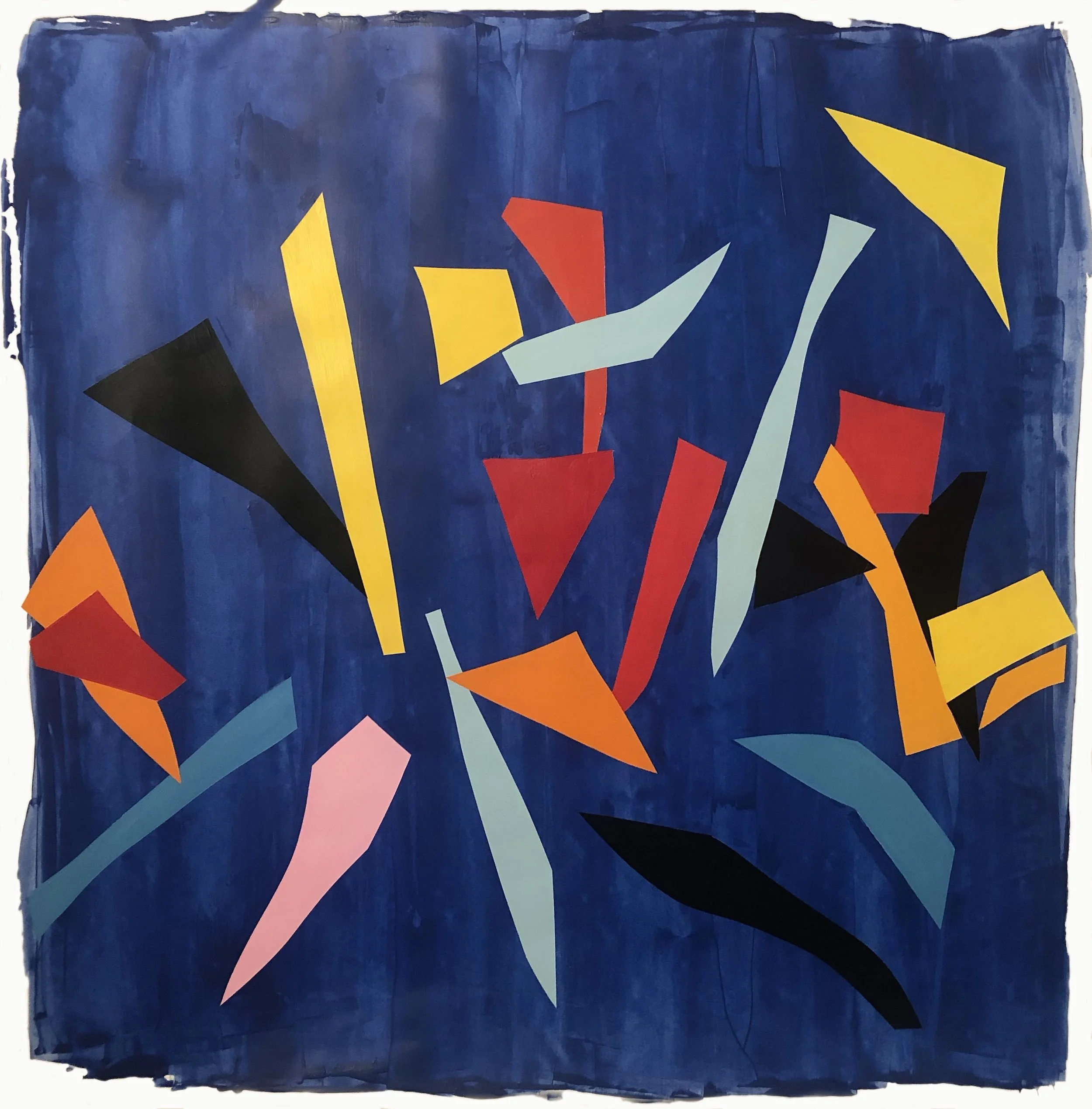 Abstract painting with geometric shapes in yellow, red, orange, black, pink, and blue on a dark blue background.