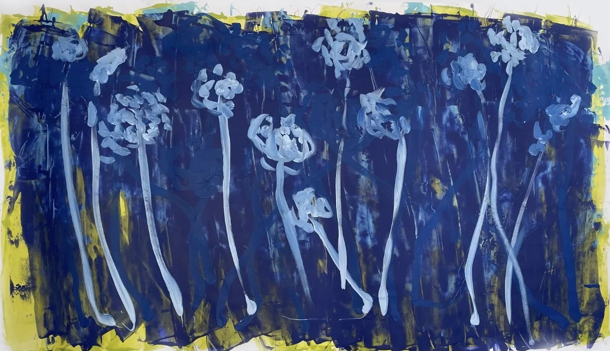 Abstract painting featuring dark blue background with tall, slender, white floral-like shapes with purple accents, bordered by yellow.