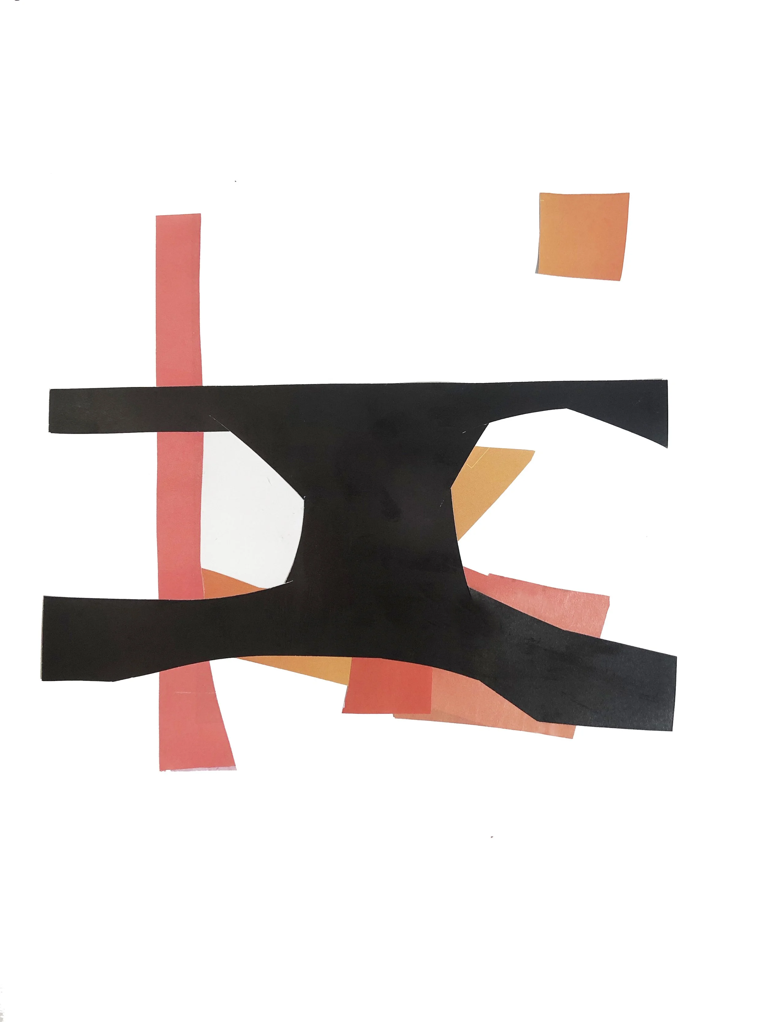 Abstract artwork with colored shapes in black, orange and pink.