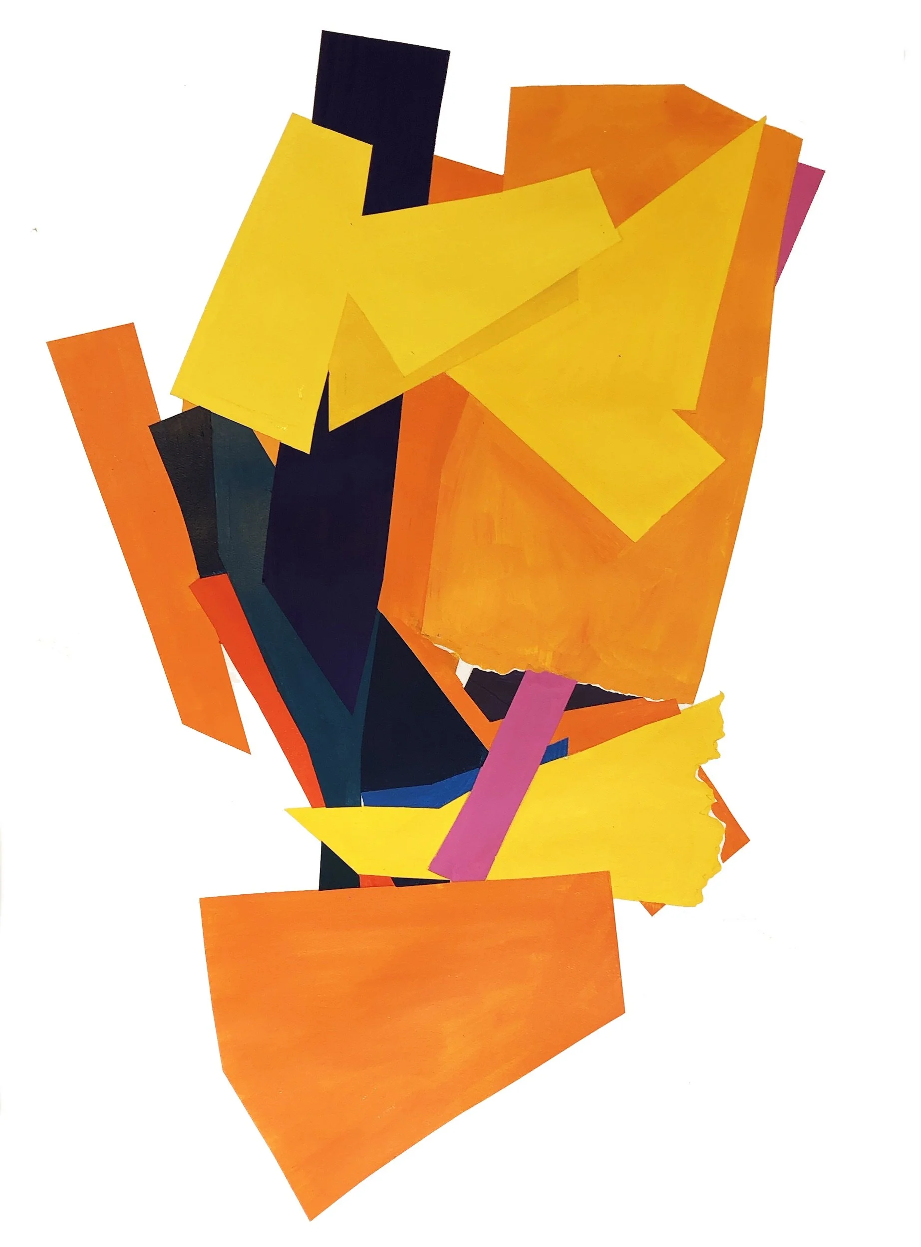 Abstract collage of torn and cut paper in bright colors, mainly yellow, orange, pink, purple, and black, arranged in a geometric composition on a white background.