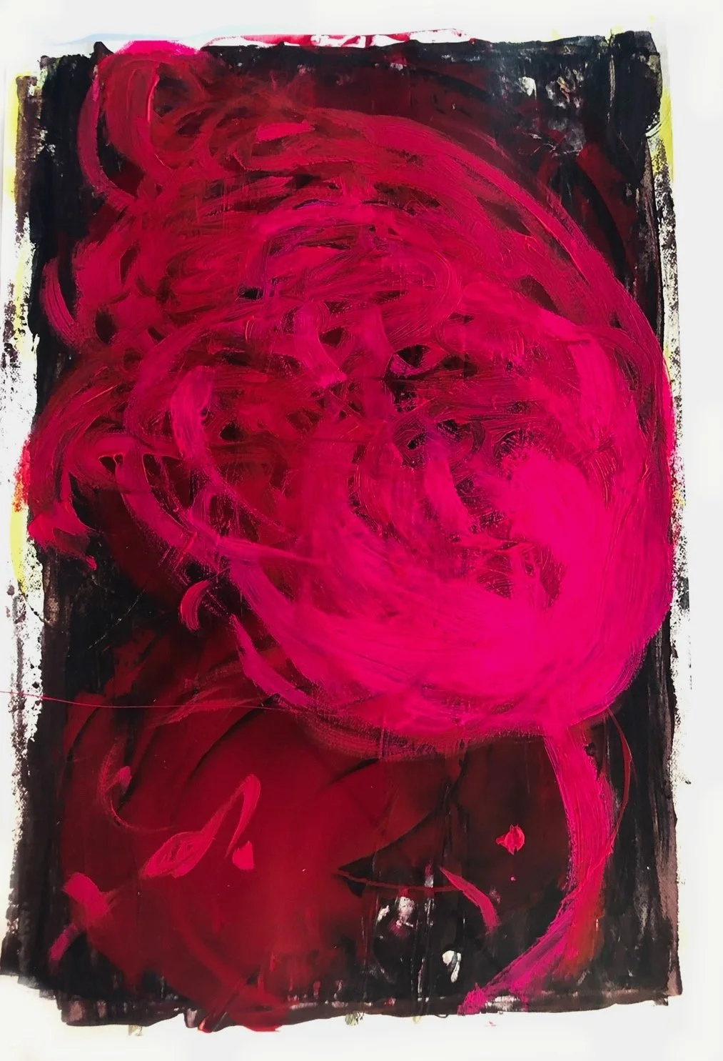 Abstract painting with bold red swirls and strokes on a dark background.