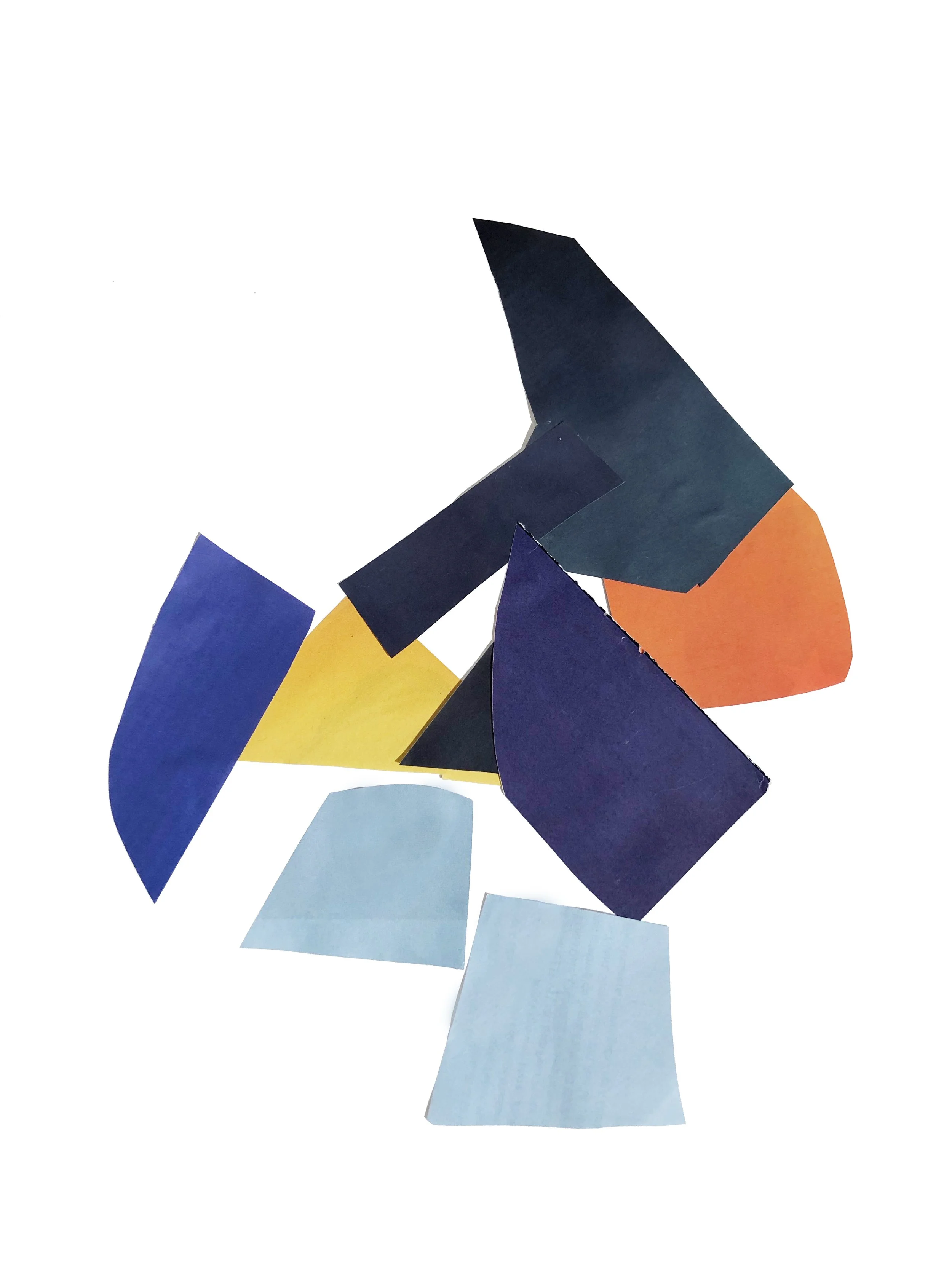 Abstract artwork with colored shapes in blue, orange and black.