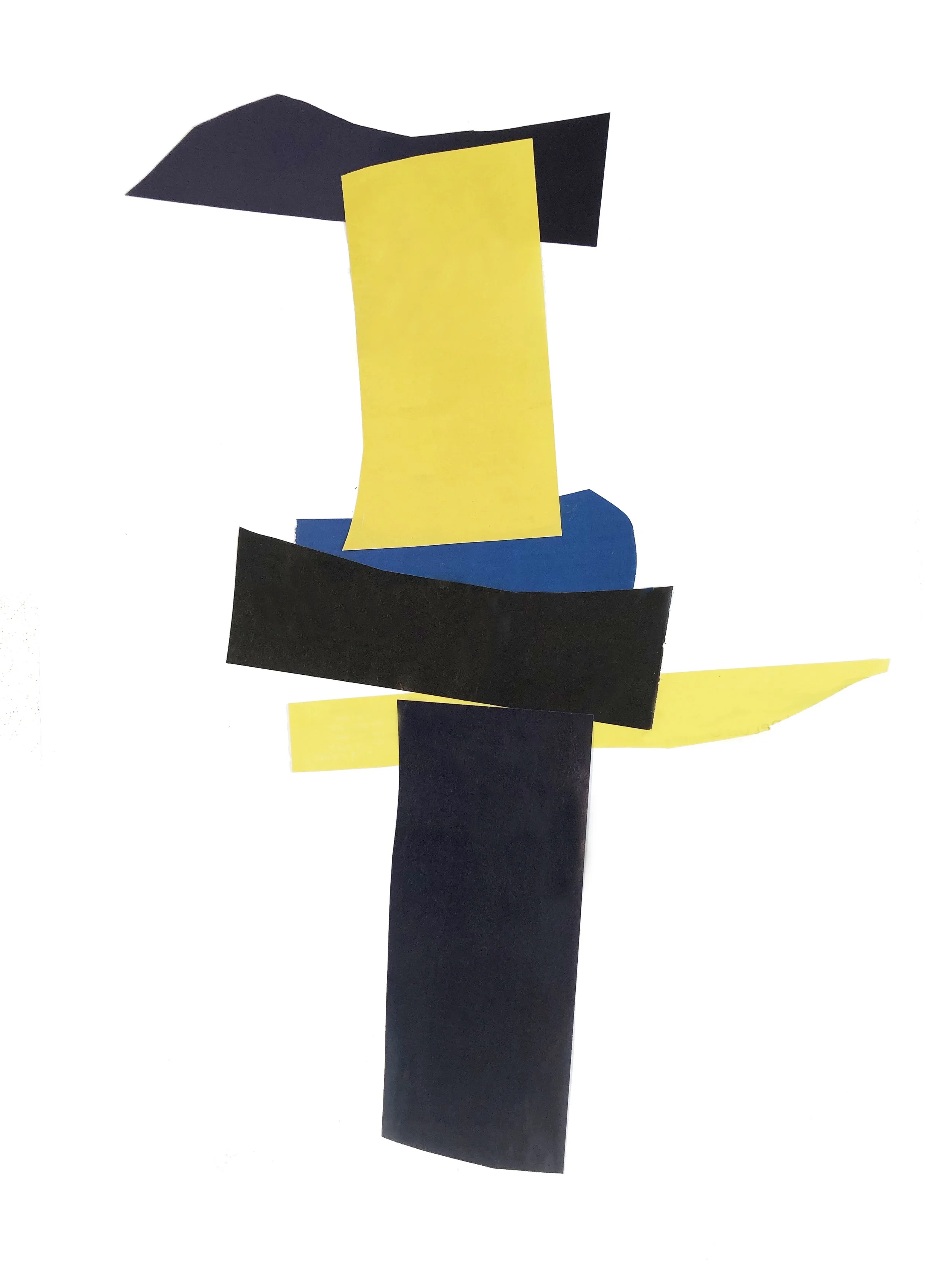 Abstract artwork with colored shapes in blue, black and yellow.