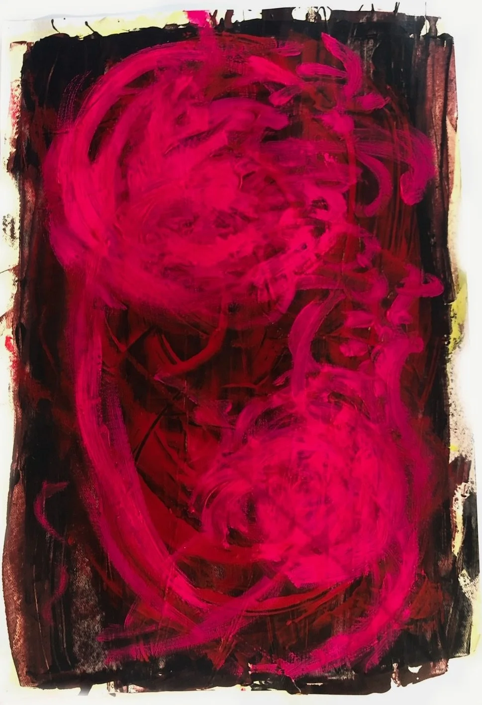Abstract painting with dark black background and vibrant pink swirling shapes.